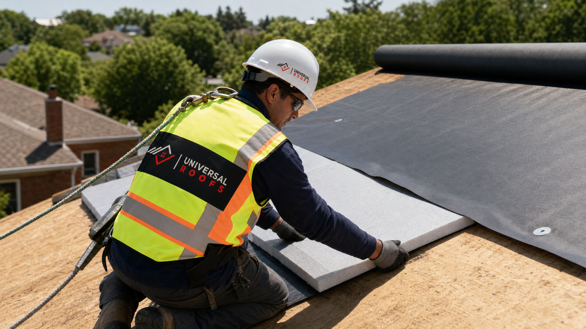 Roofing technician installing rigid insulation board beneath a waterproofing membrane on a sloped roof in Toronto while wearing full fall-protection safety gear