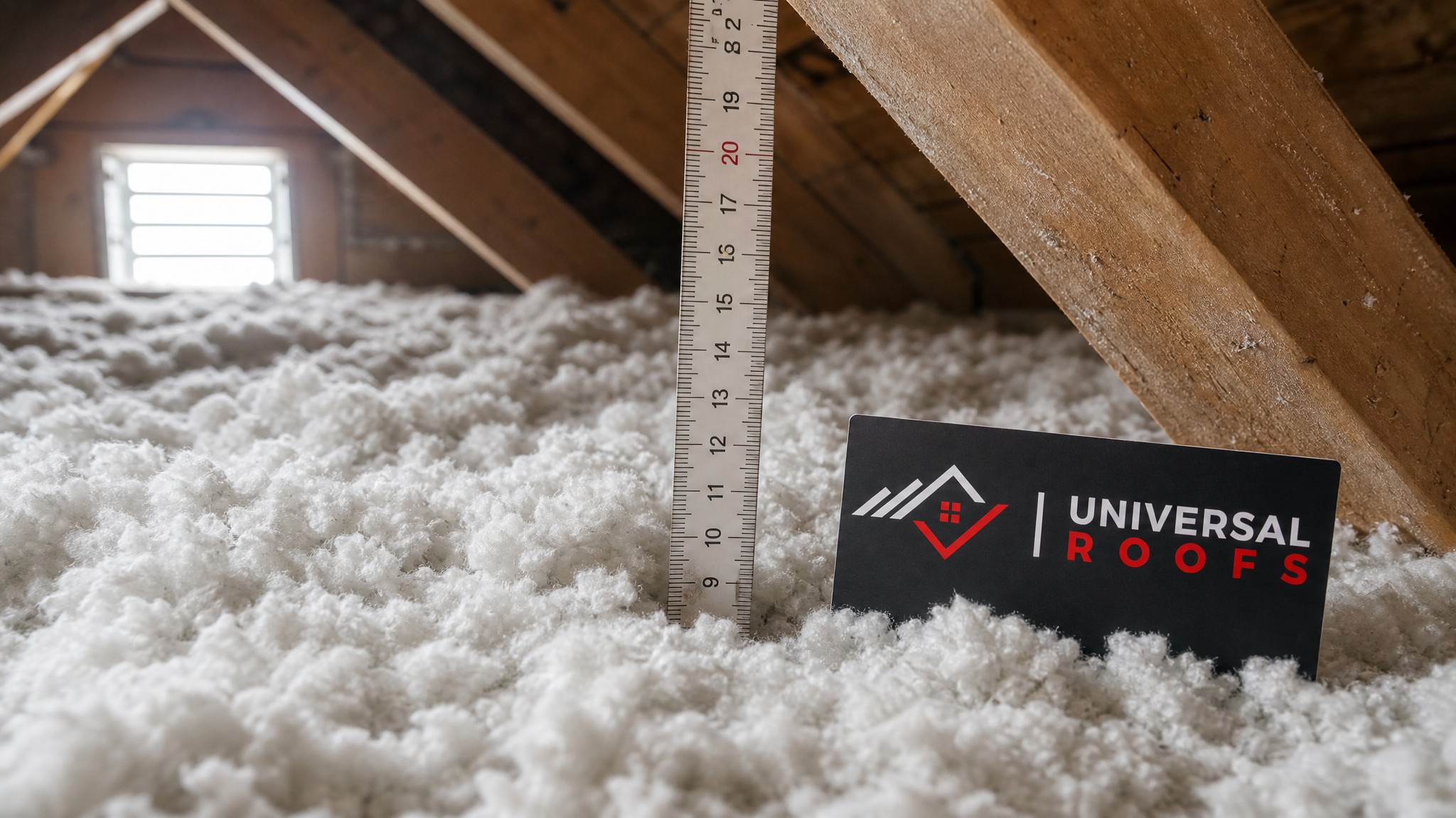Close-up detail of blown-in attic insulation depth against a ruler gauge near a roof rafter, with a Universal Roofs branded sign placard visible