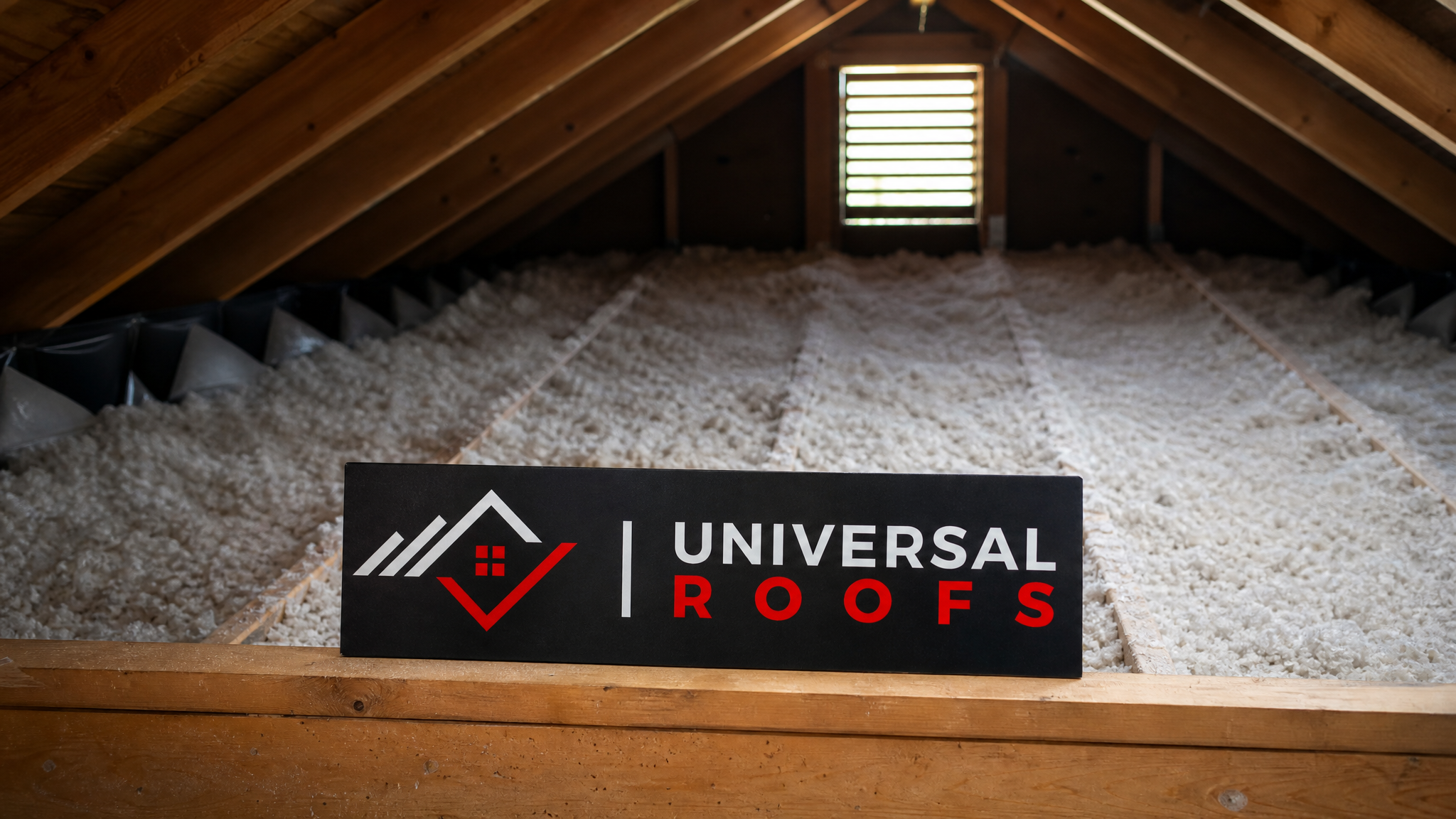 A well-insulated attic space in a Toronto home showing even, properly installed insulation across the attic floor with a Universal Roofs branded sign placard nearby