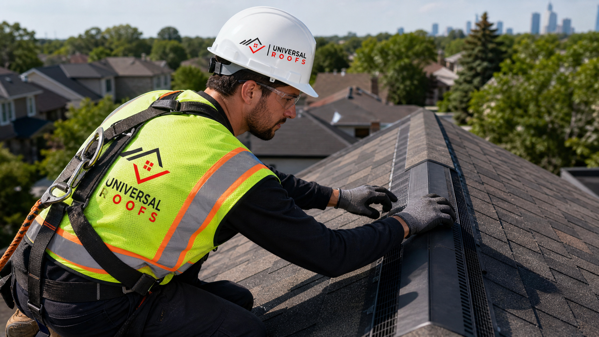 A roofing technician wearing a hard hat, high-visibility vest, safety glasses, gloves, and a fall-protection harness working near a roof ridge vent on a Toronto home in daylight