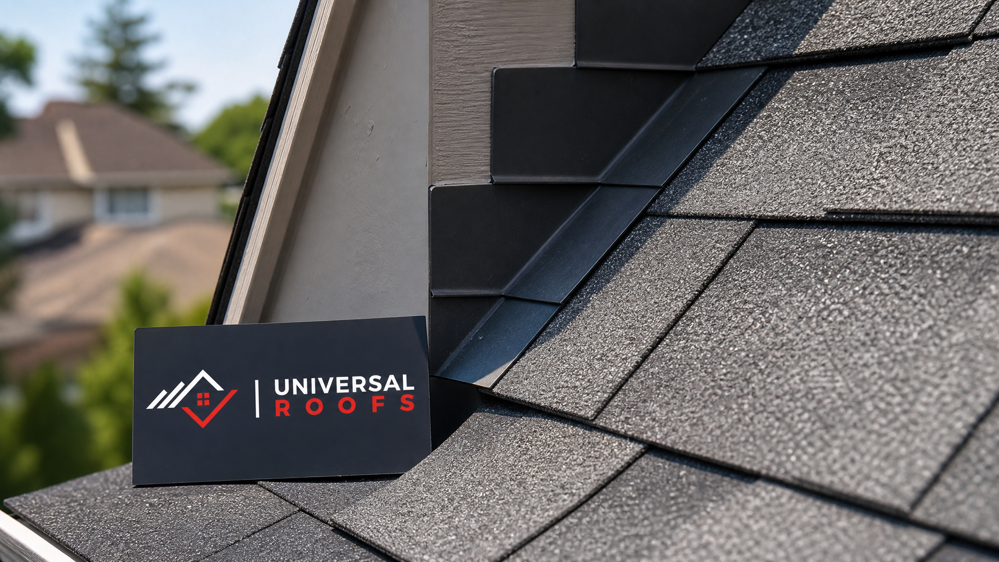 Close-up of overlapping step flashing pieces and sealant detail on a residential roof edge