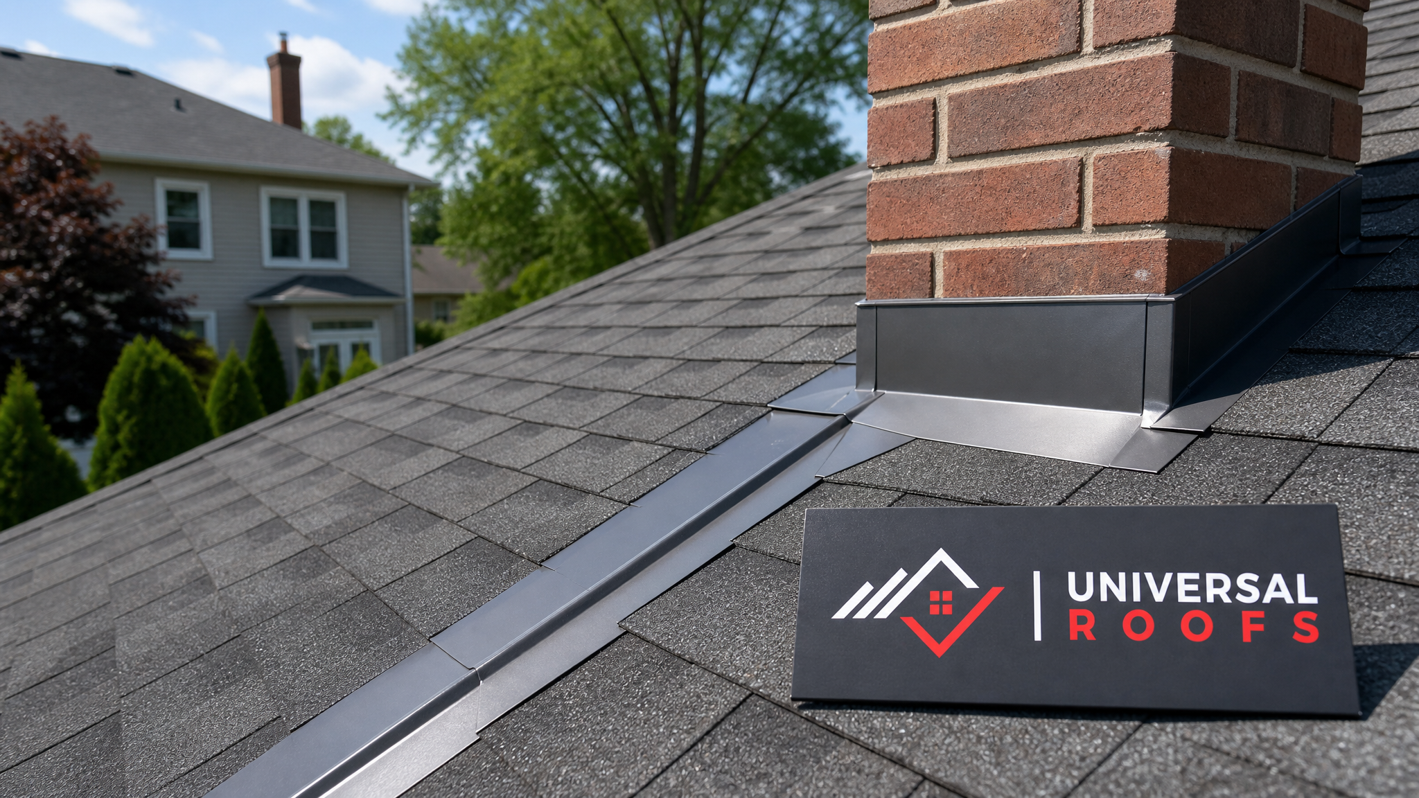 Newly installed roof flashing around a chimney and along a roof valley on a Toronto home in summer daylight