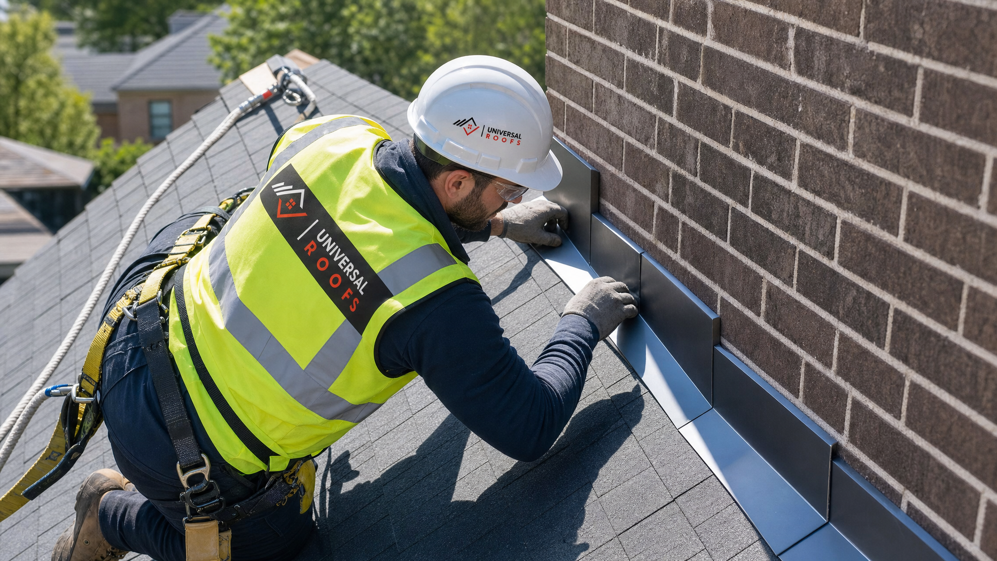 Roofer wearing full safety harness installing new step flashing along a roof-to-wall junction in daylight