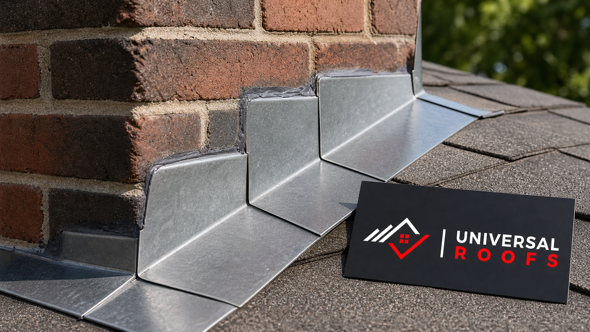 Close-up of new galvanized step flashing installed along a chimney edge