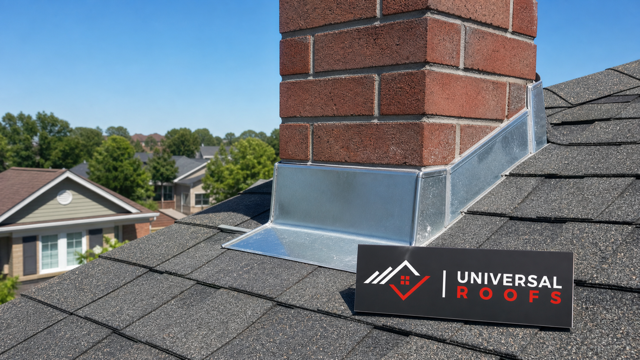 Newly maintained roof flashing around a chimney on a Toronto home in summer daylight