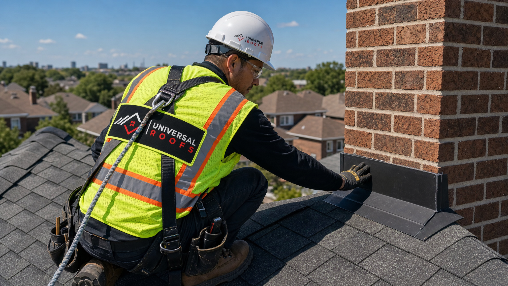 Roofer wearing full safety harness inspecting chimney flashing on a residential Toronto roof