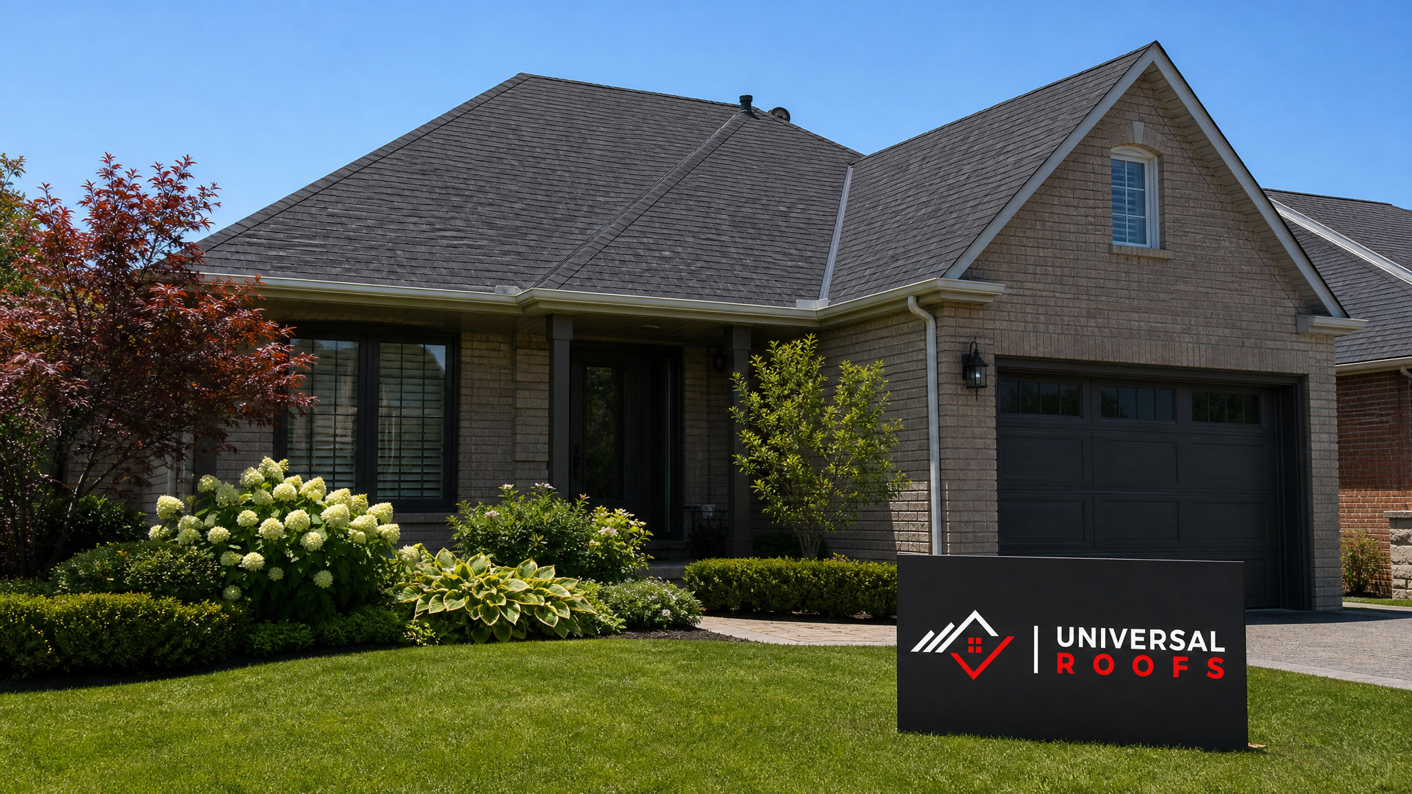 A fully repaired asphalt shingle roof on a Toronto home under clear summer skies with a Universal Roofs sign placard nearby