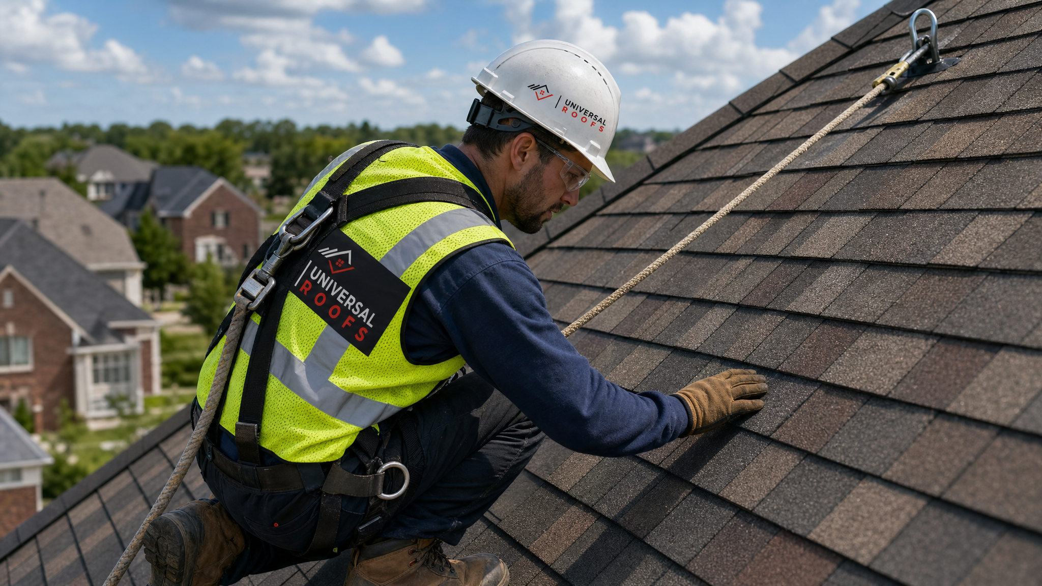 A roofer wearing full safety harness inspecting hail-bruised shingles on a steep residential roof in daylight