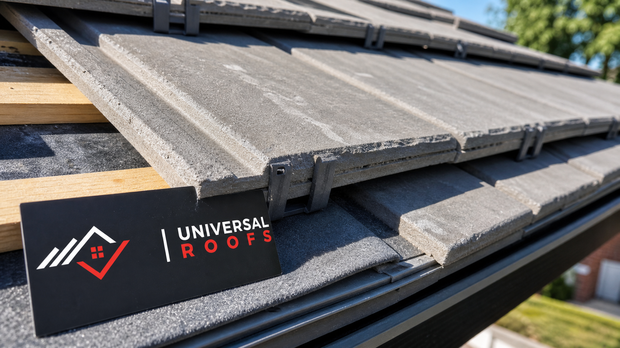 Close-up of overlapping concrete roof tiles showing fastening and underlayment detail
