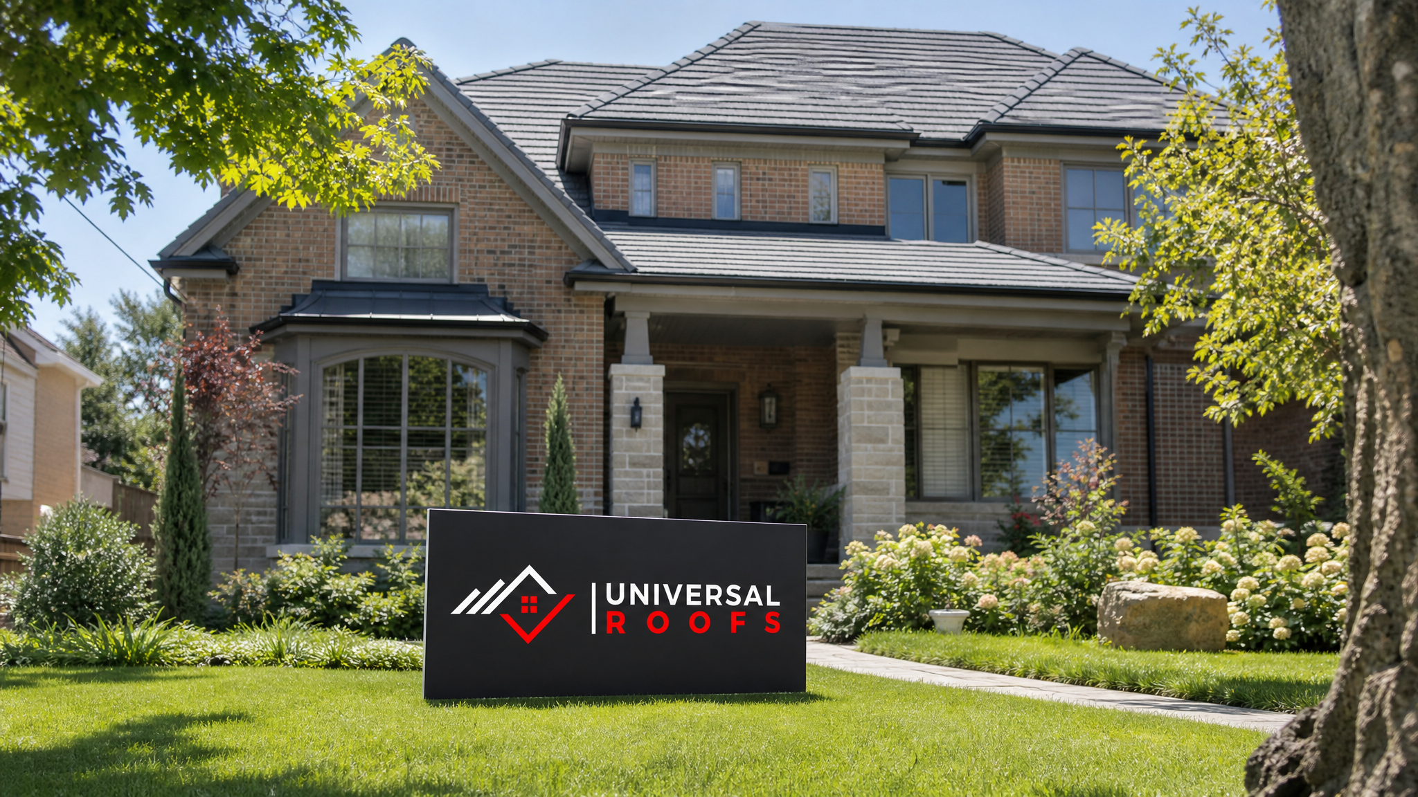 Newly replaced clay tile roof on a Toronto-area home in summer daylight with a branded Universal Roofs sign placard resting on the lawn