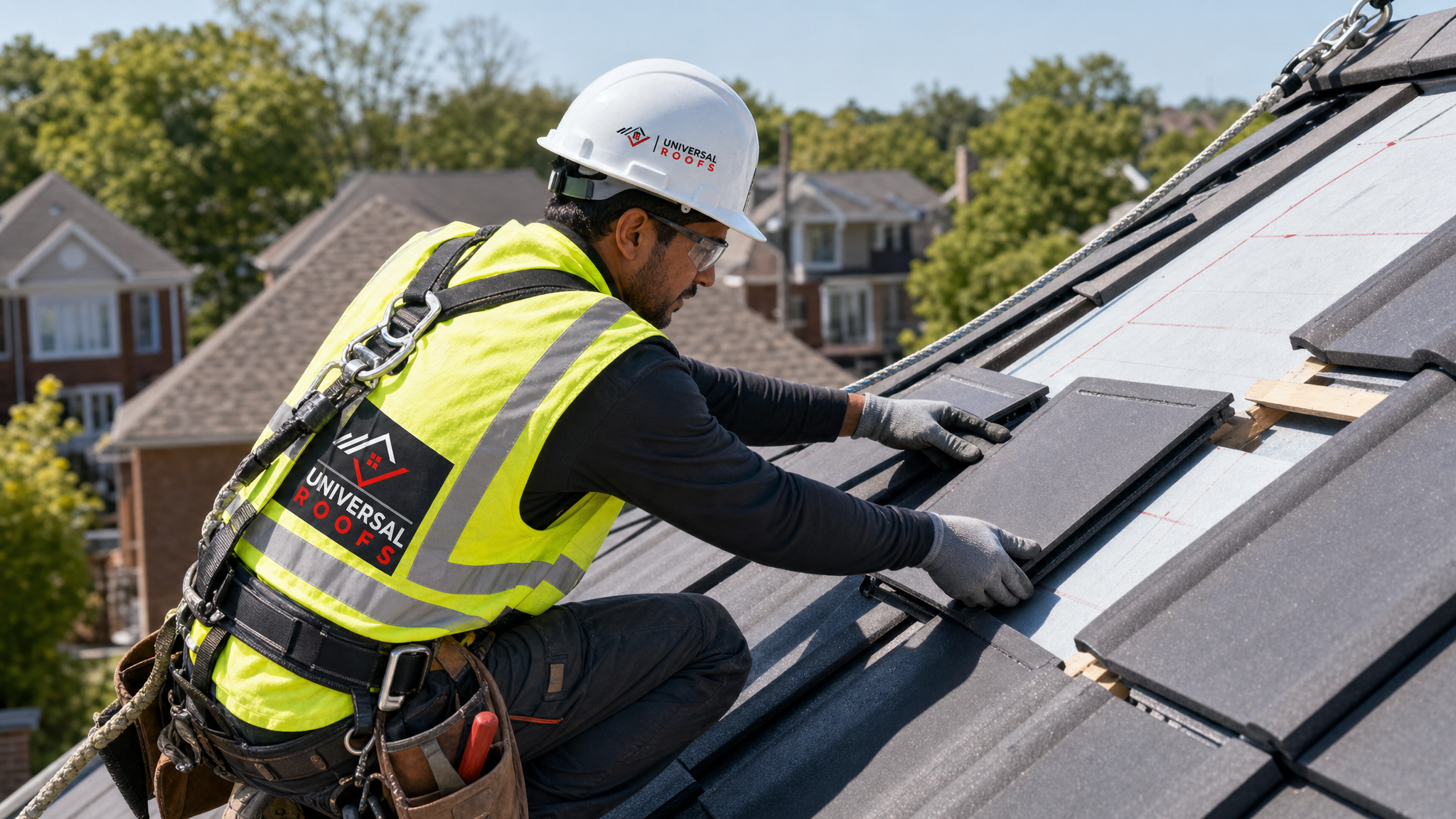 Roofing worker in full safety gear securing new tile on a sloped roof during a replacement project