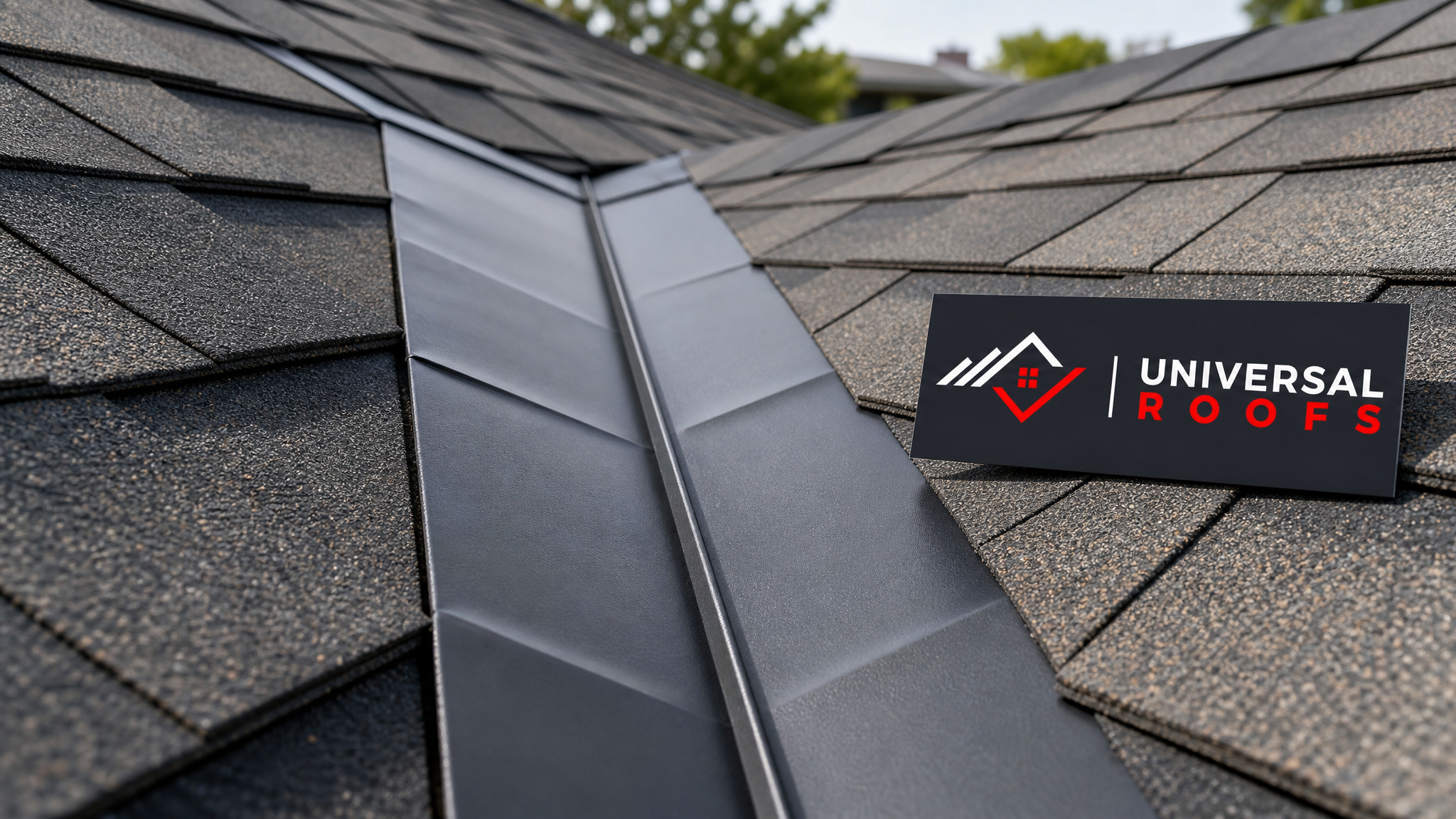 Close-up of new metal valley flashing correctly installed under overlapping asphalt shingles