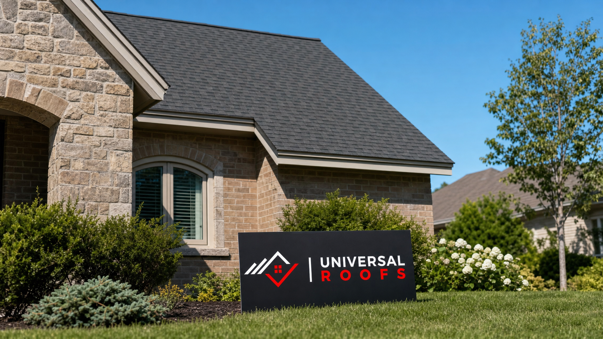 Freshly repaired pitched asphalt shingle roof on a Toronto home under clear summer sky