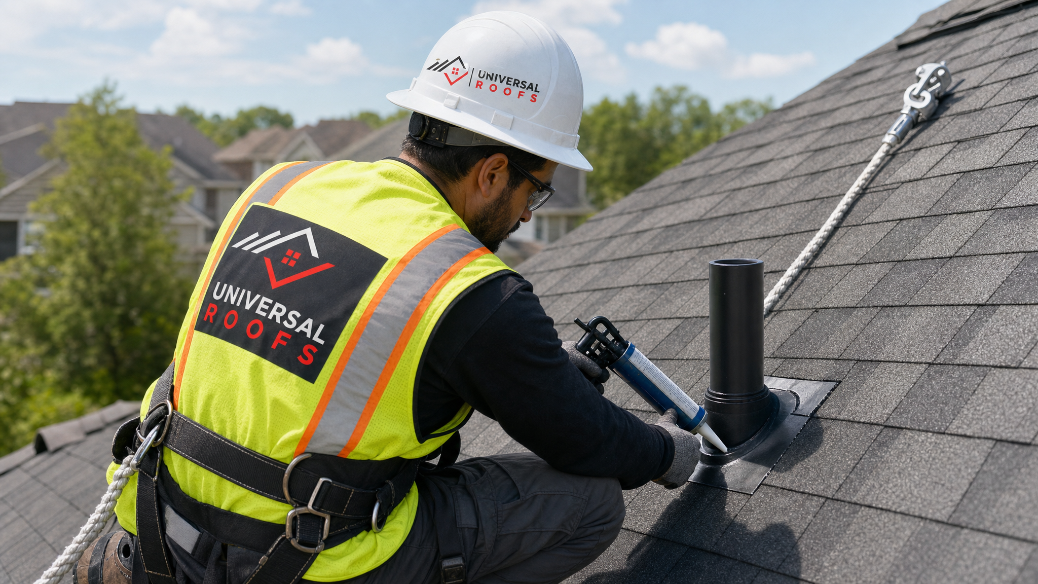 Roofer wearing full safety harness inspecting shingles and flashing on a steep pitched roof