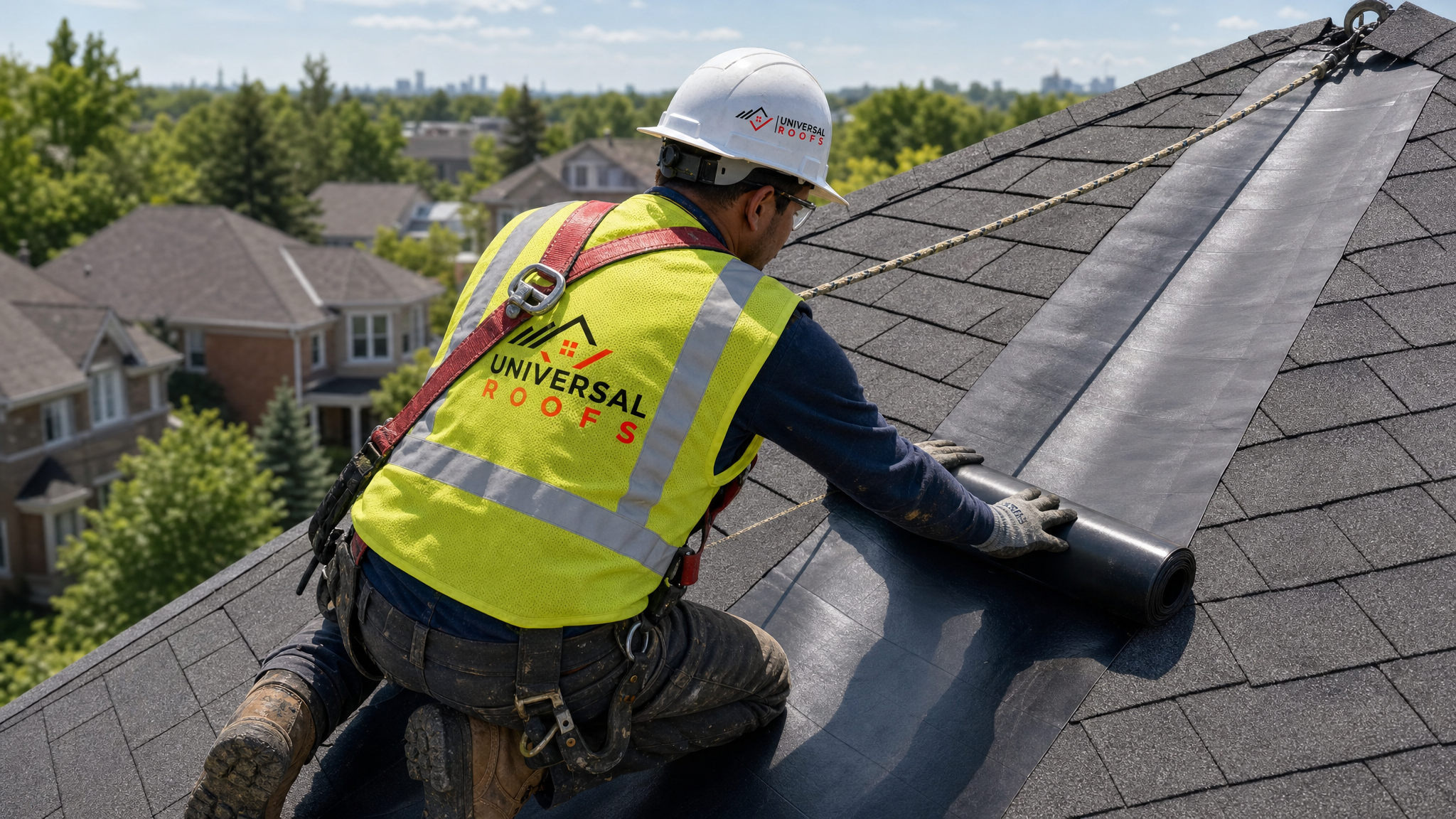 Roofing technician applying waterproof membrane sealant along a roof valley while secured with a safety harness