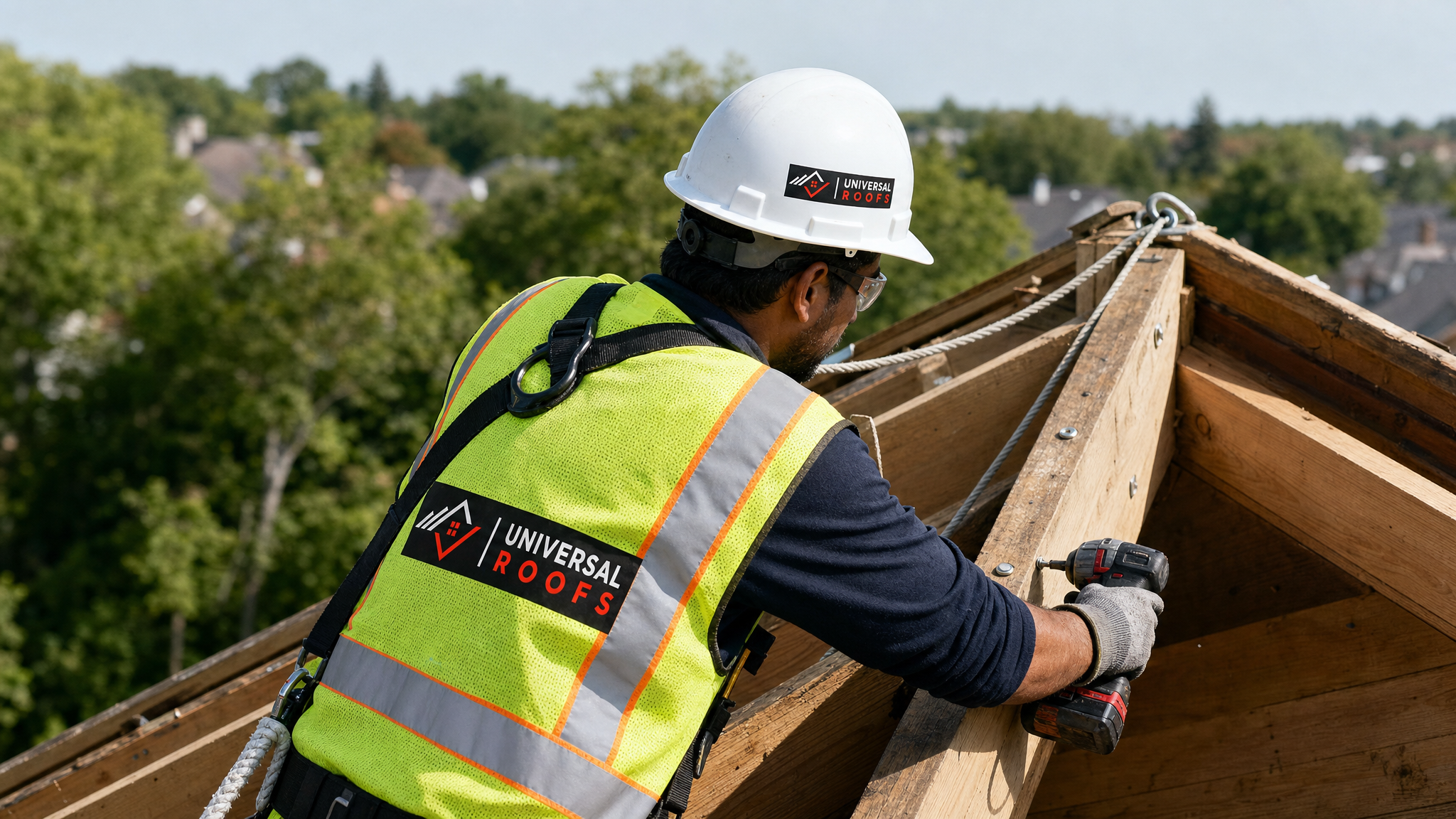 Roofer wearing full safety harness sistering a new rafter beam to reinforce a sagging section of roof