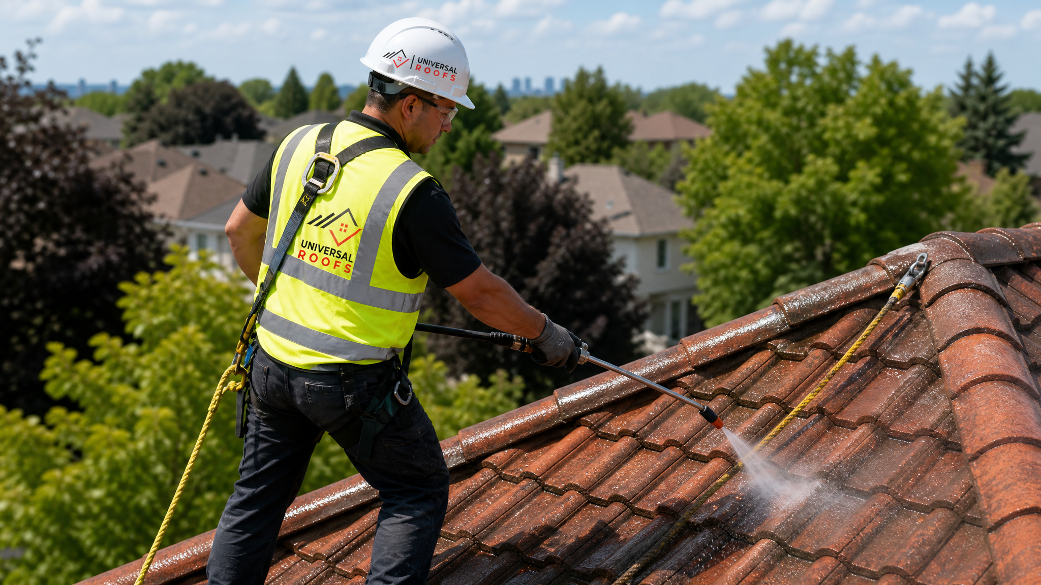 Roofer wearing full safety harness cleaning moss from a tile roof in Toronto