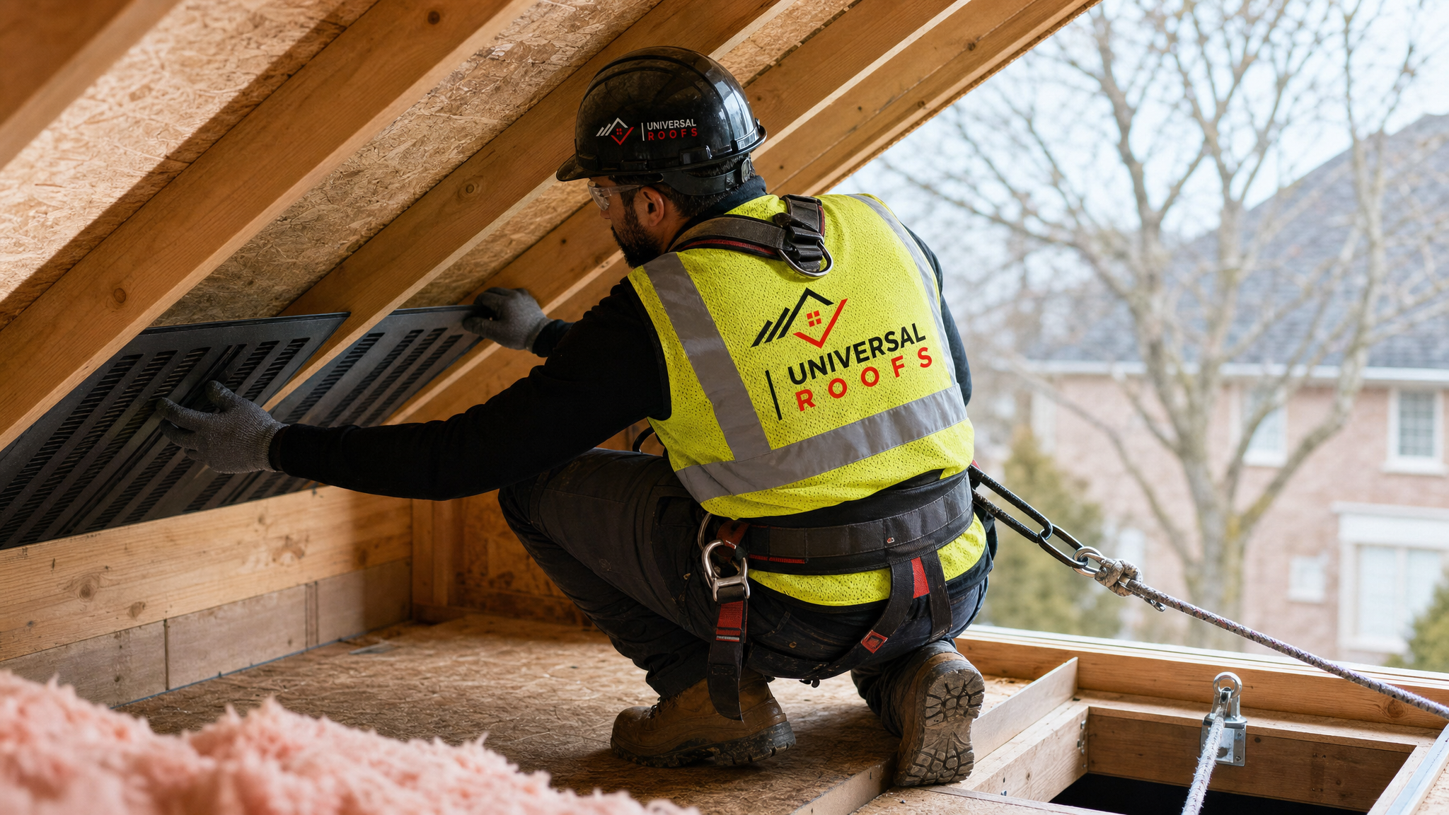 Roofing professional installing insulation baffles at the attic eave while wearing full safety gear