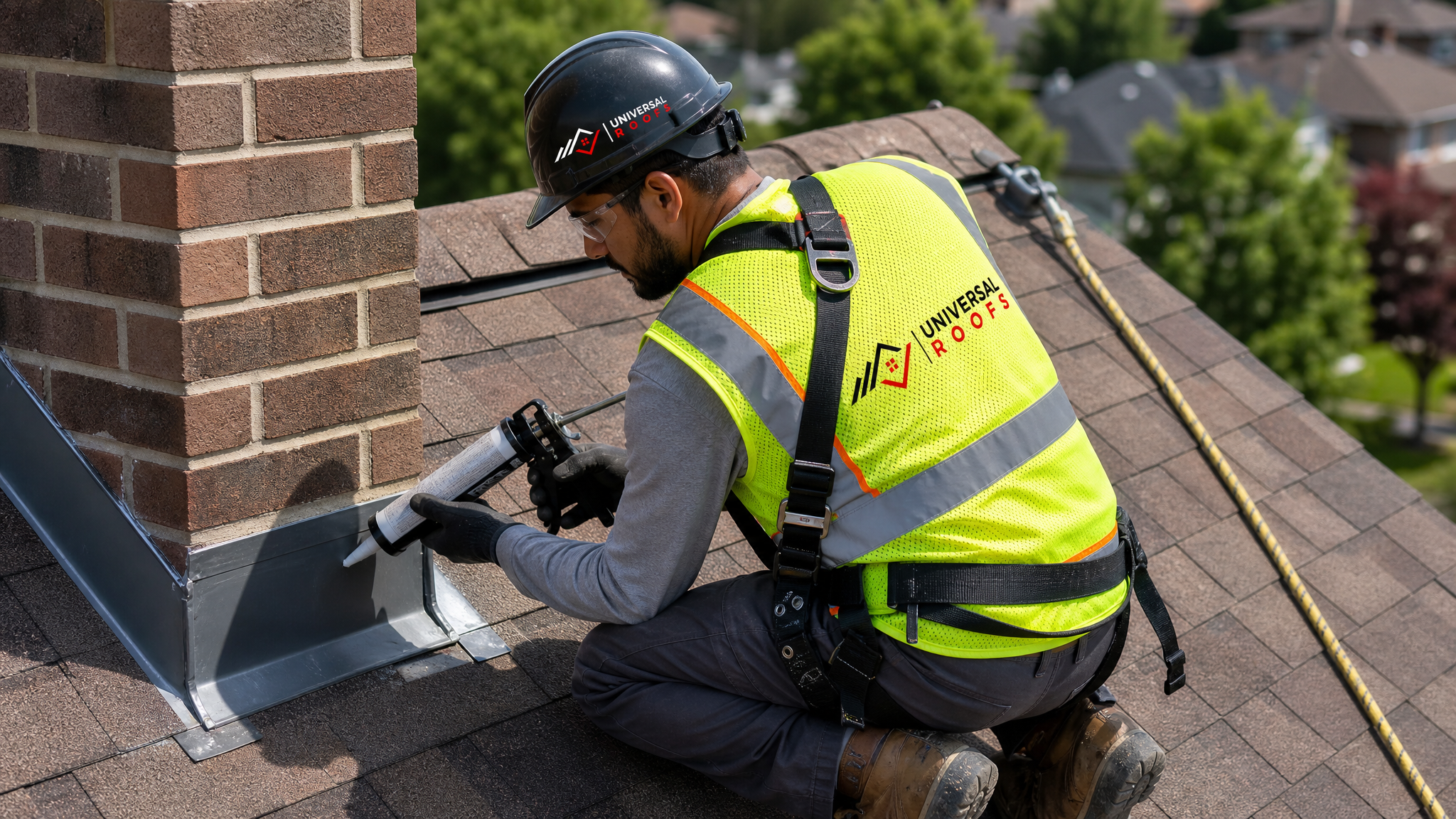 Roofer wearing full safety harness applying waterproof sealant to roof flashing on a Toronto home