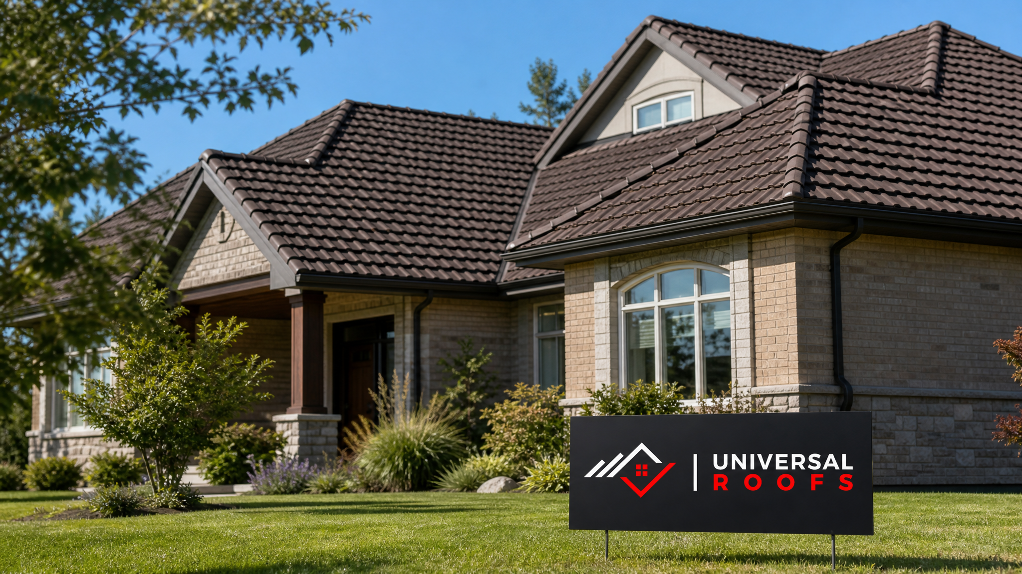Freshly waterproofed clay tile roof on a Toronto home under clear summer sky with Universal Roofs sign placard
