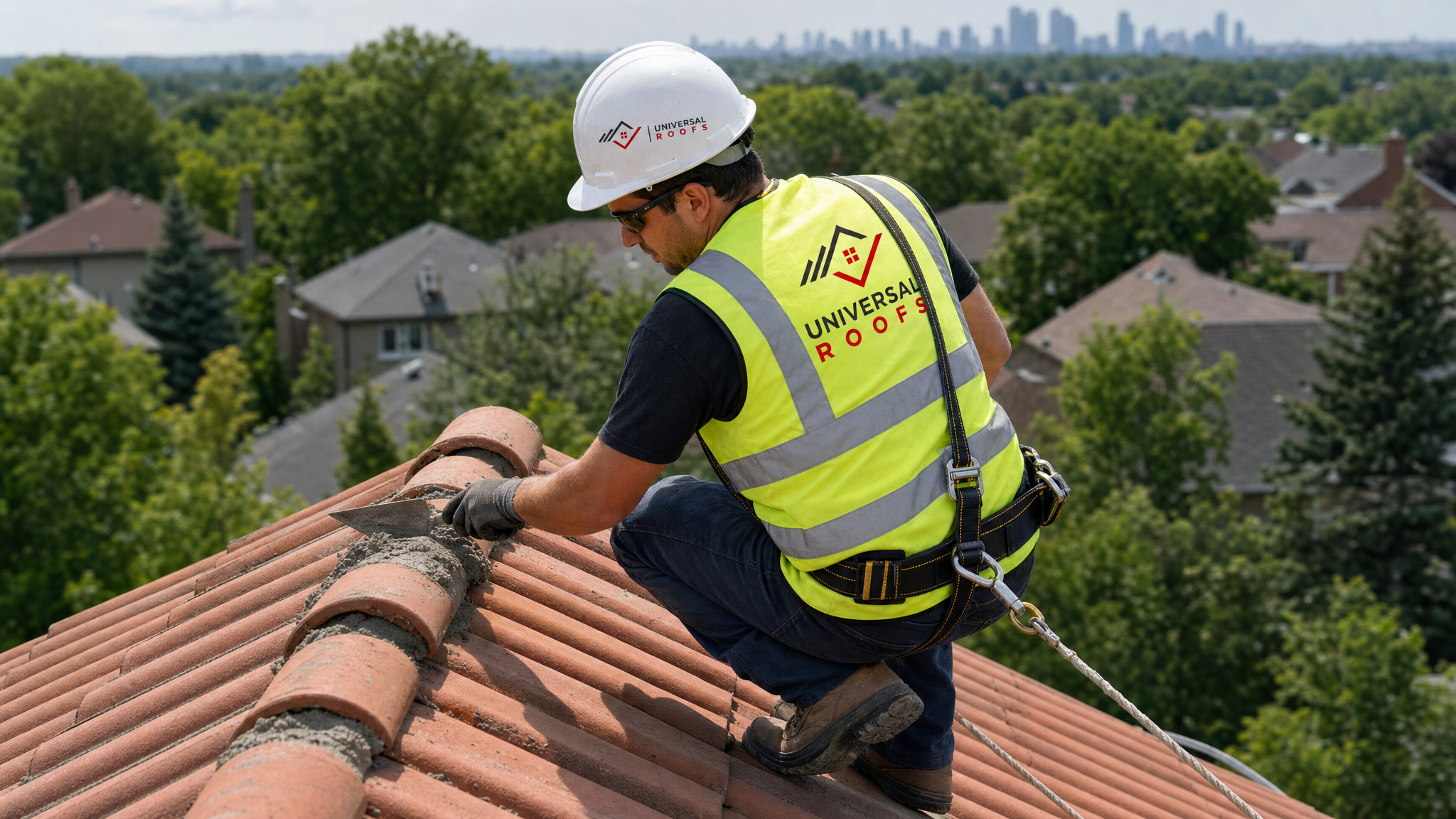 Roofer wearing full safety harness re-pointing mortar on tile roof ridge in Toronto with Universal Roofs branded hard hat and vest