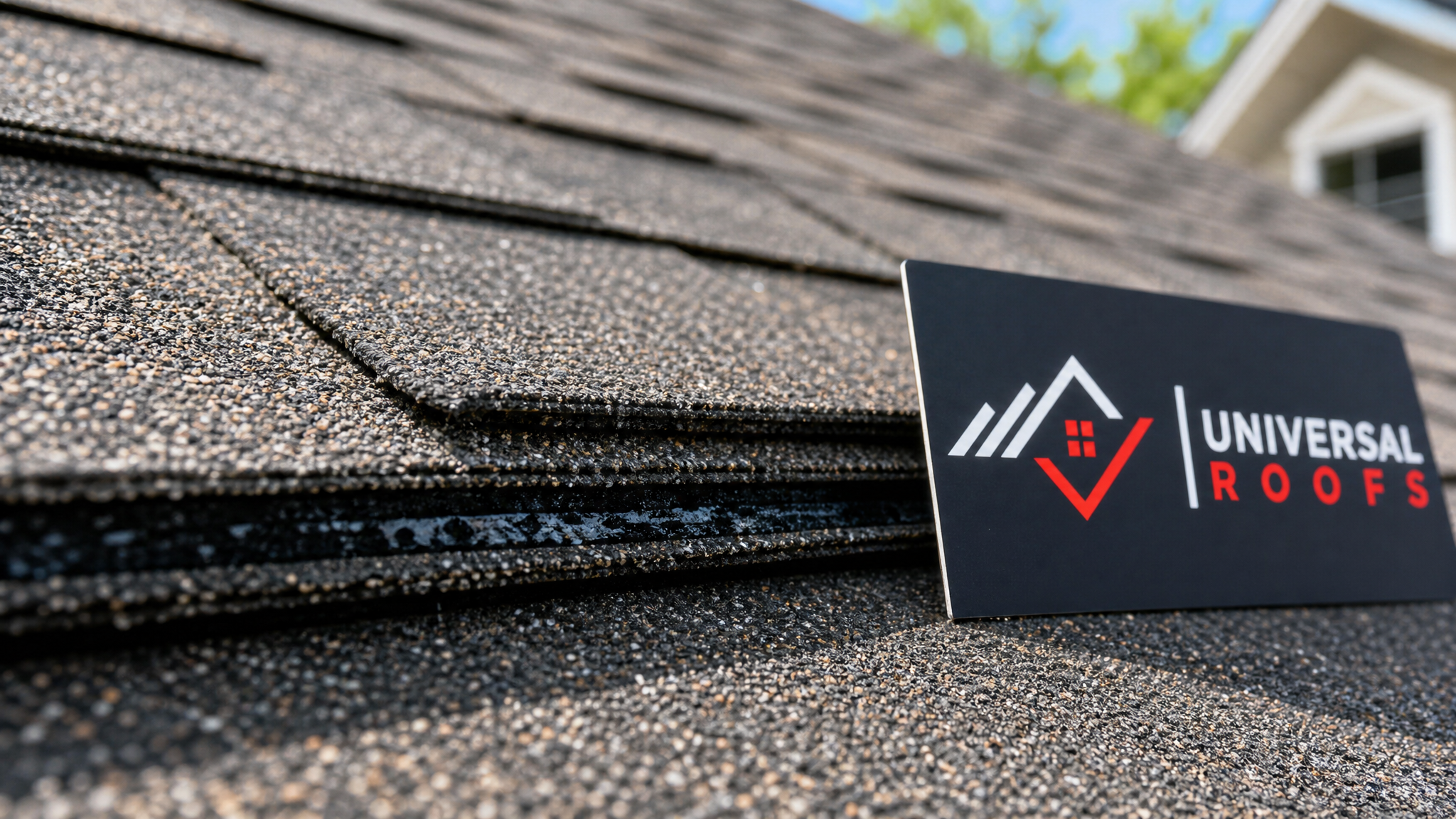 Close-up detail of overlapping weather resistant architectural shingles showing texture and sealant strips