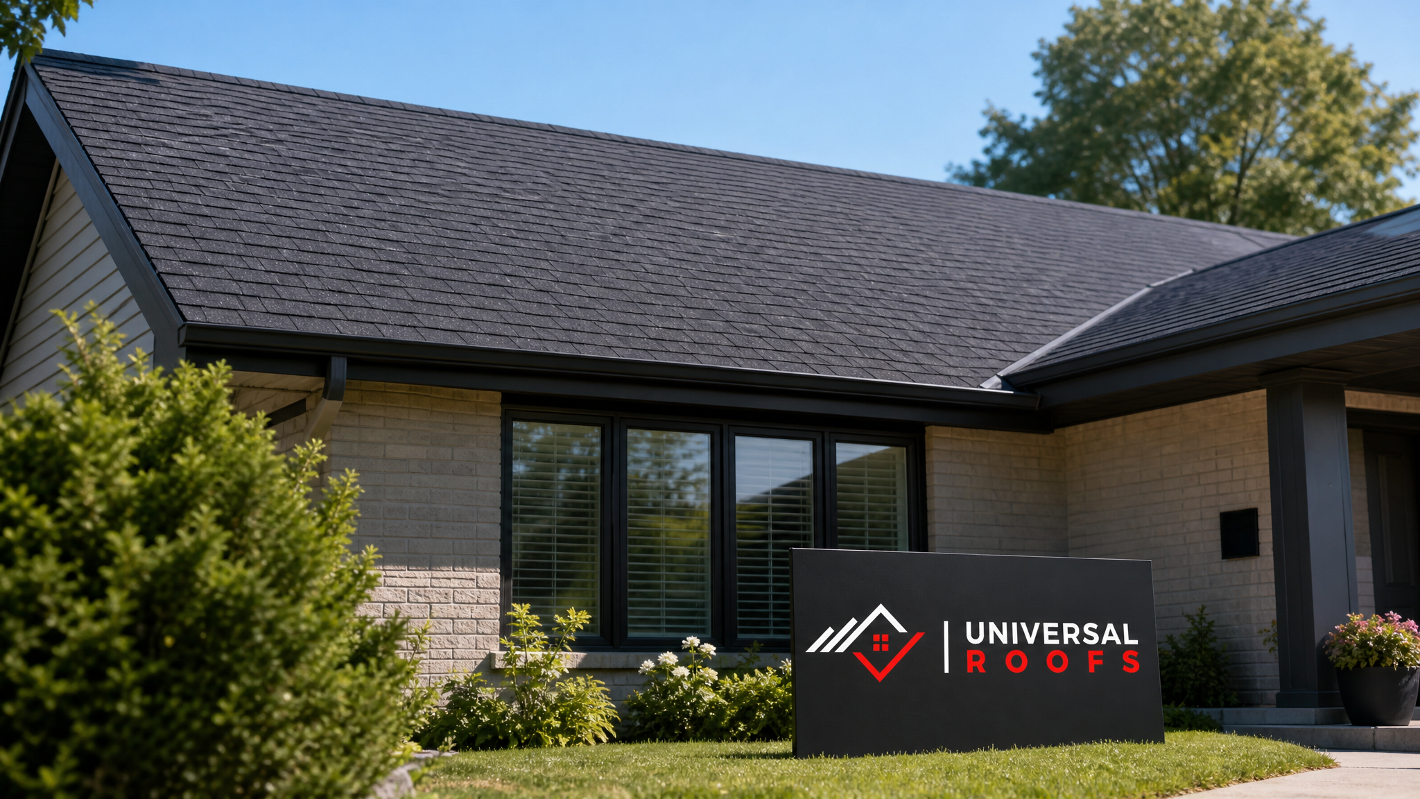 A freshly repaired residential roof in Toronto with new weather resistant shingles installed in clean overlapping rows under summer daylight