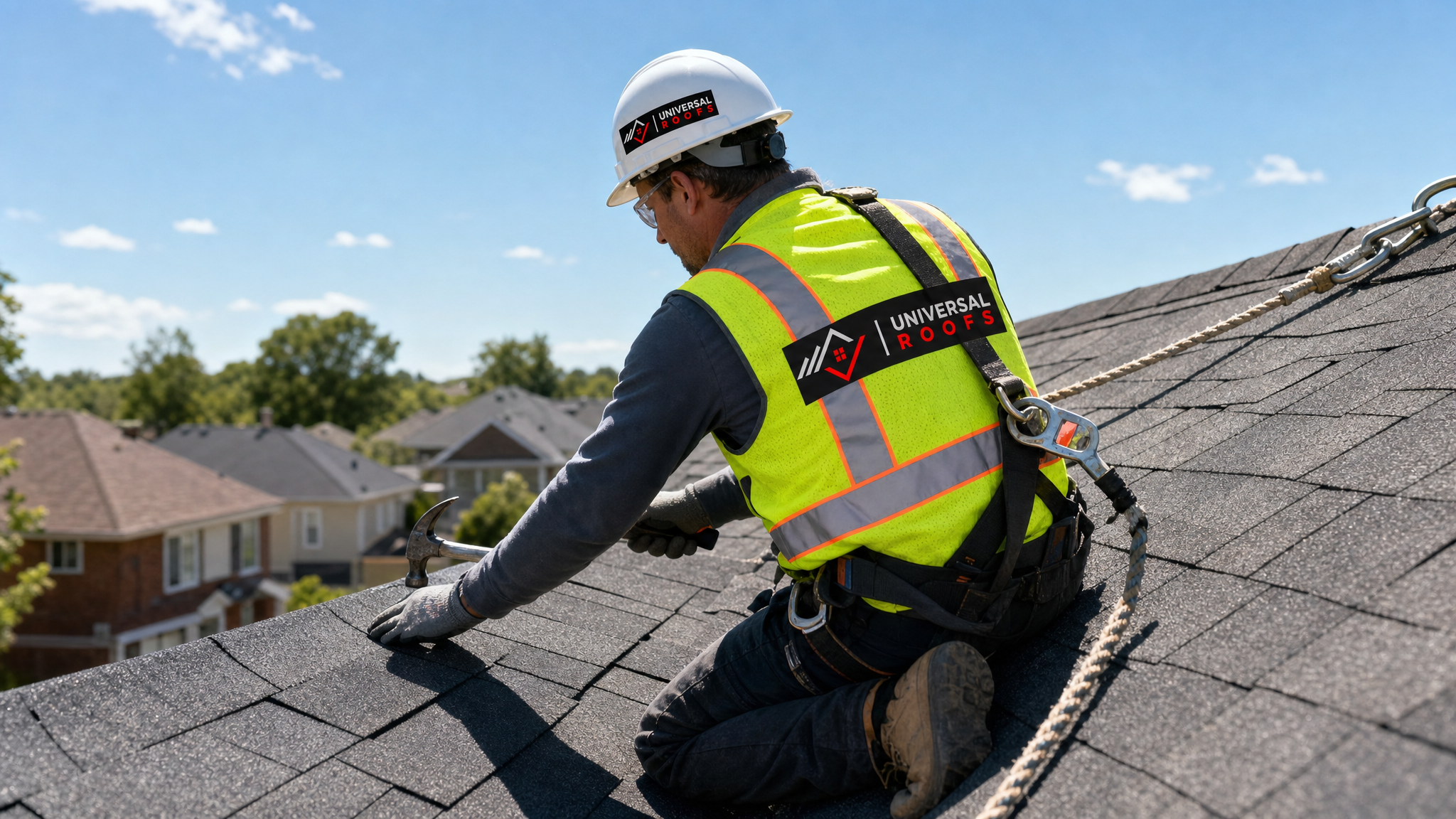 A roofer wearing full safety gear installing weather resistant shingles on a sloped roof in daylight