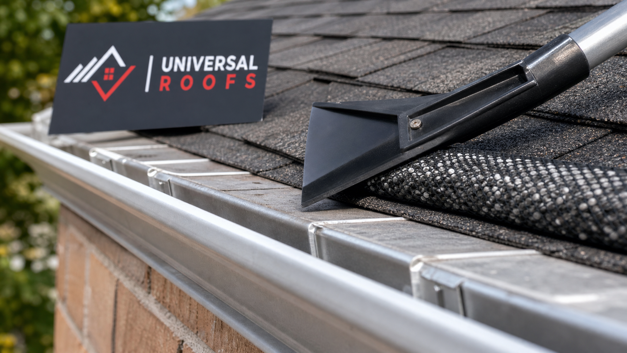 Close-up of a roof rake blade and calcium chloride ice-melt sock resting on an asphalt shingle roof edge showing eavestrough detail