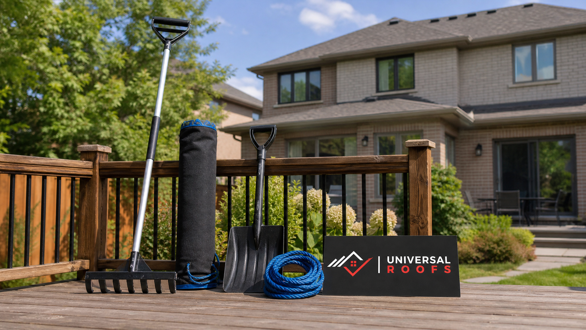A neat row of roof snow removal tools for safety including a roof rake, ice pick, and calcium chloride sock leaning against a snow-free suburban Toronto home in summer daylight