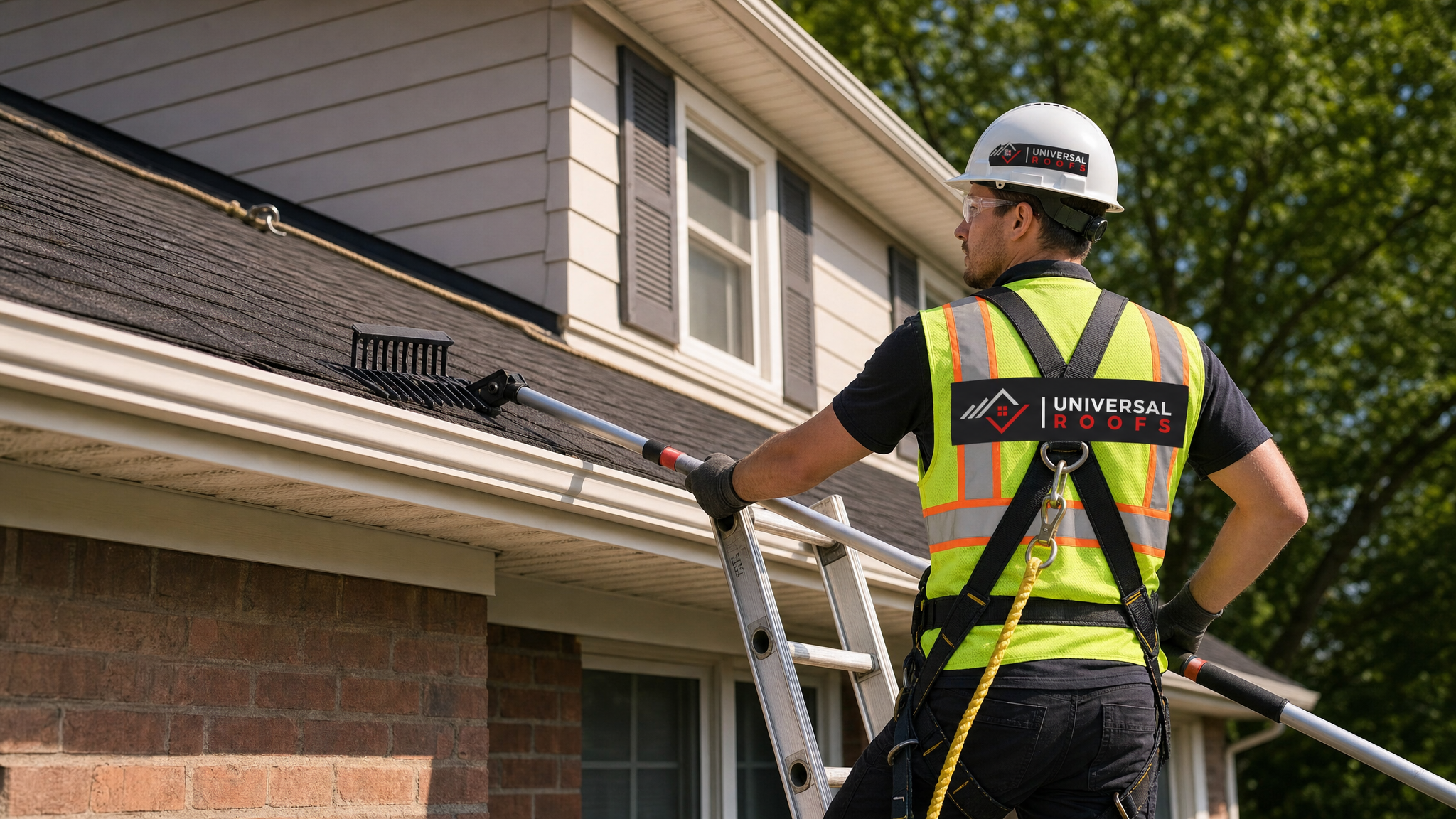 A roofer wearing full safety PPE and a fall-protection harness demonstrates proper roof snow removal technique from a ladder at a GTA home