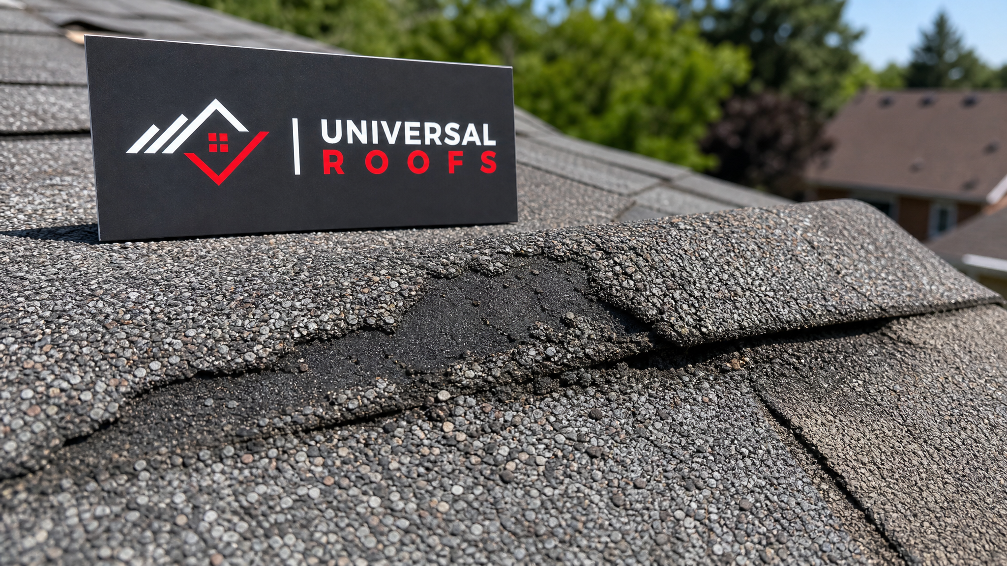 Close-up detail of asphalt shingle granule loss and cracking showing the underlying causes of shingle damage