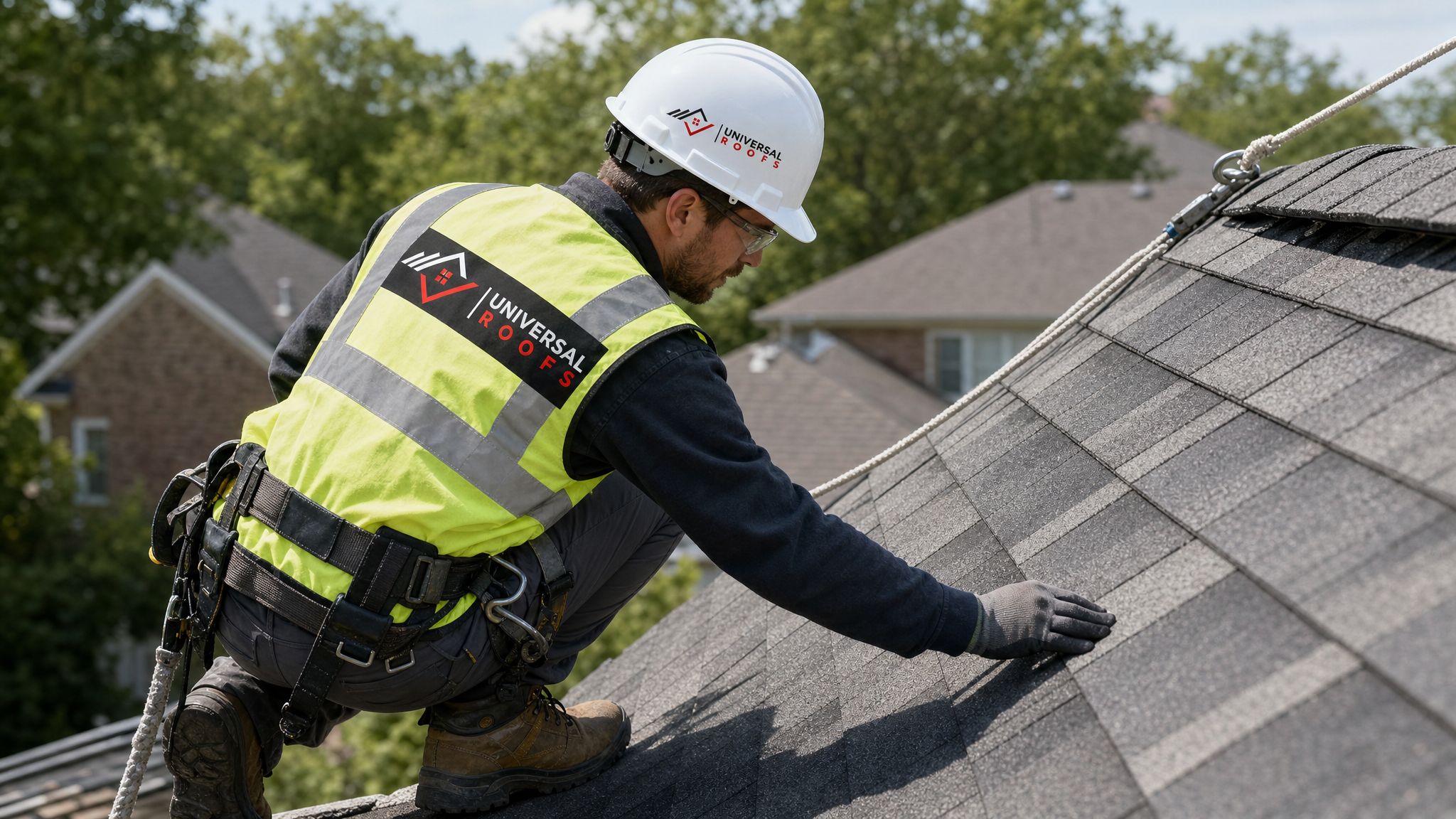 A roofer wearing full safety harness inspecting hail impact damage on asphalt shingles