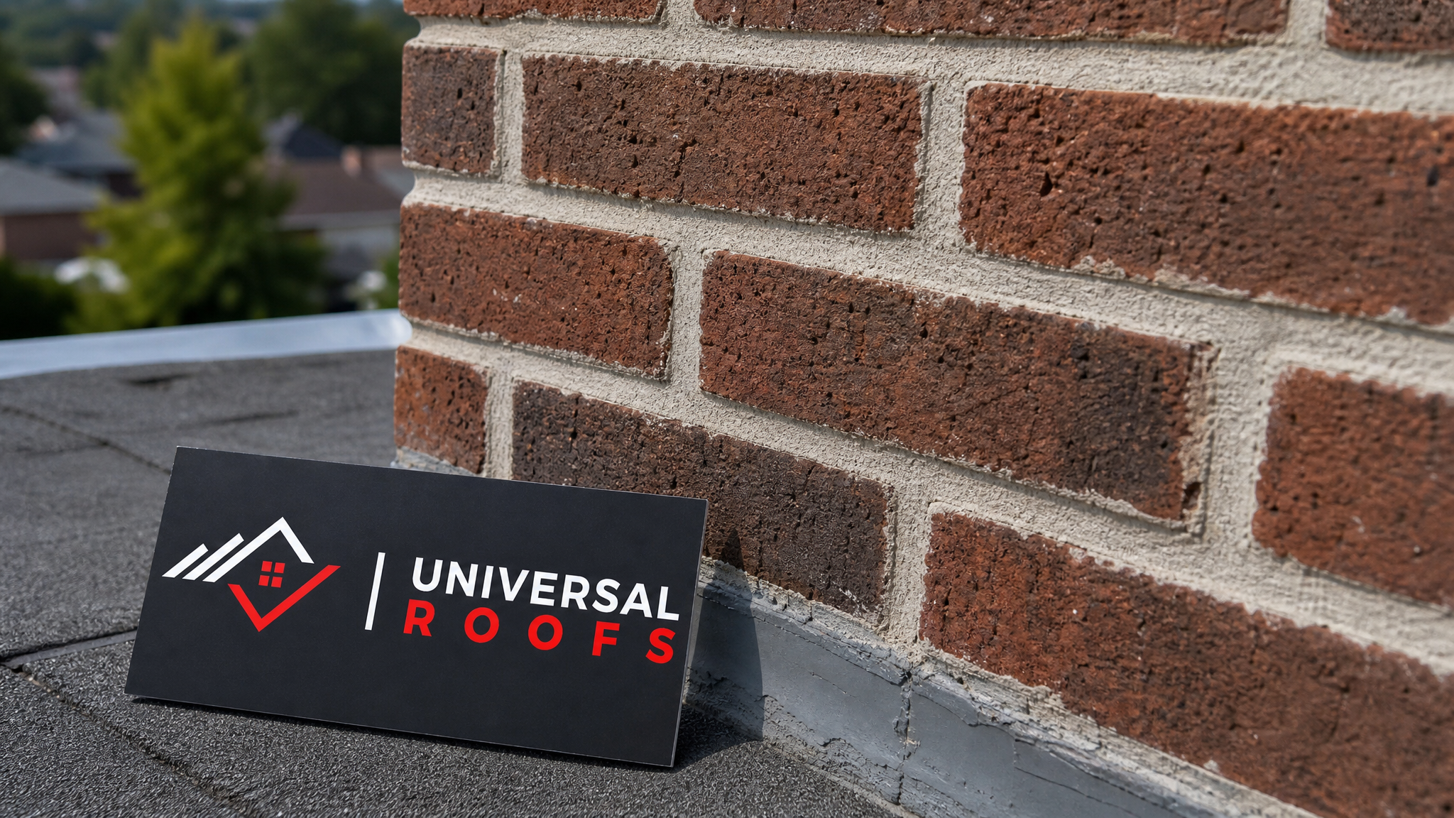 Close-up of newly repointed chimney brick joints with fresh mortar and a Universal Roofs branded sign placard nearby