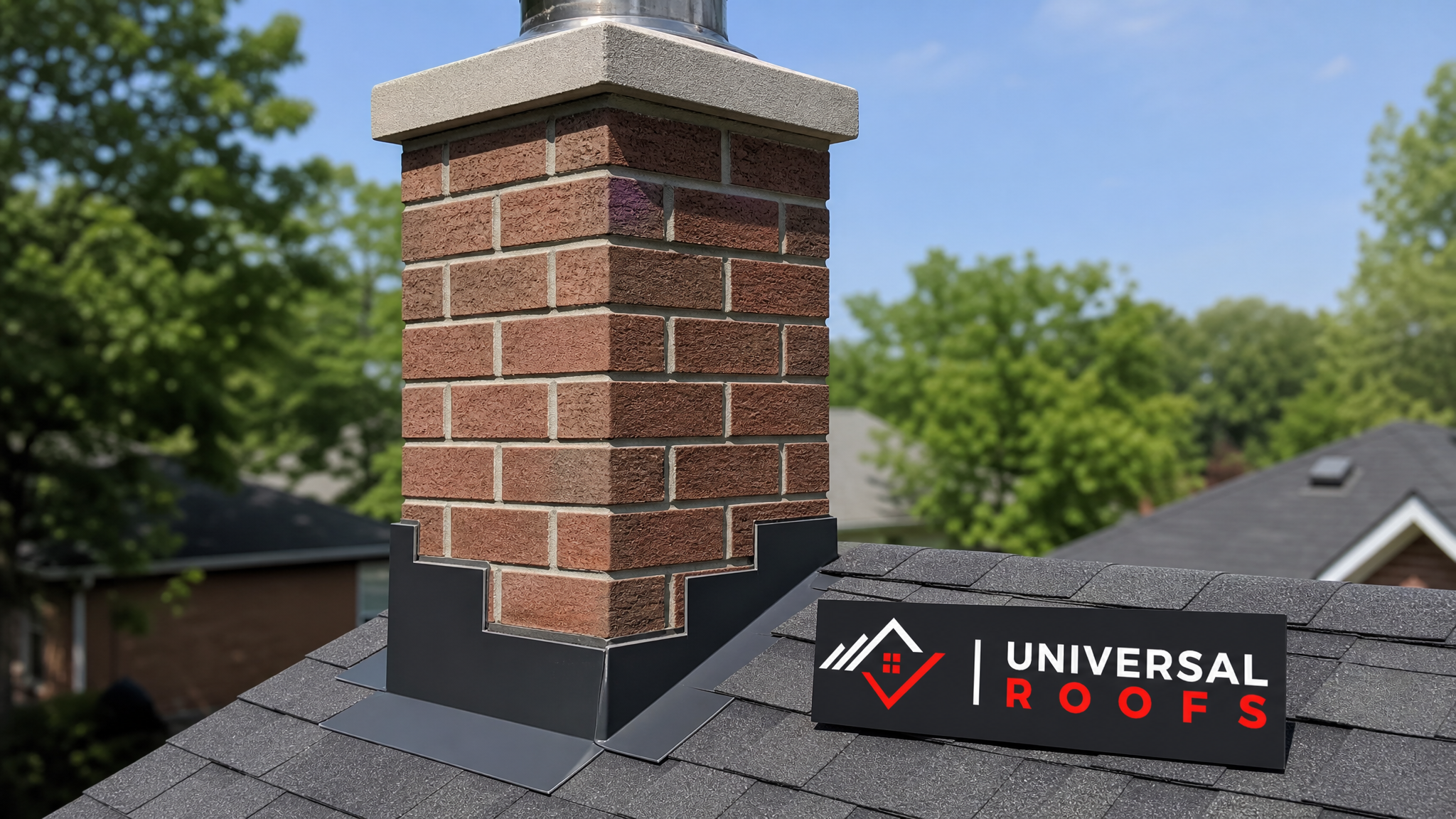 Freshly repaired brick chimney with new flashing and crown on a Toronto home in summer daylight