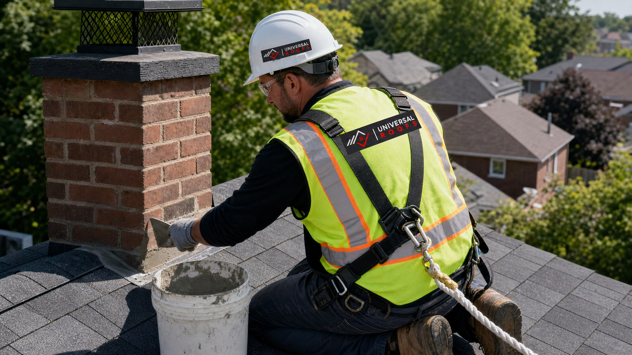 Roofer wearing full safety harness repointing chimney brick and applying crown sealant on a GTA home rooftop