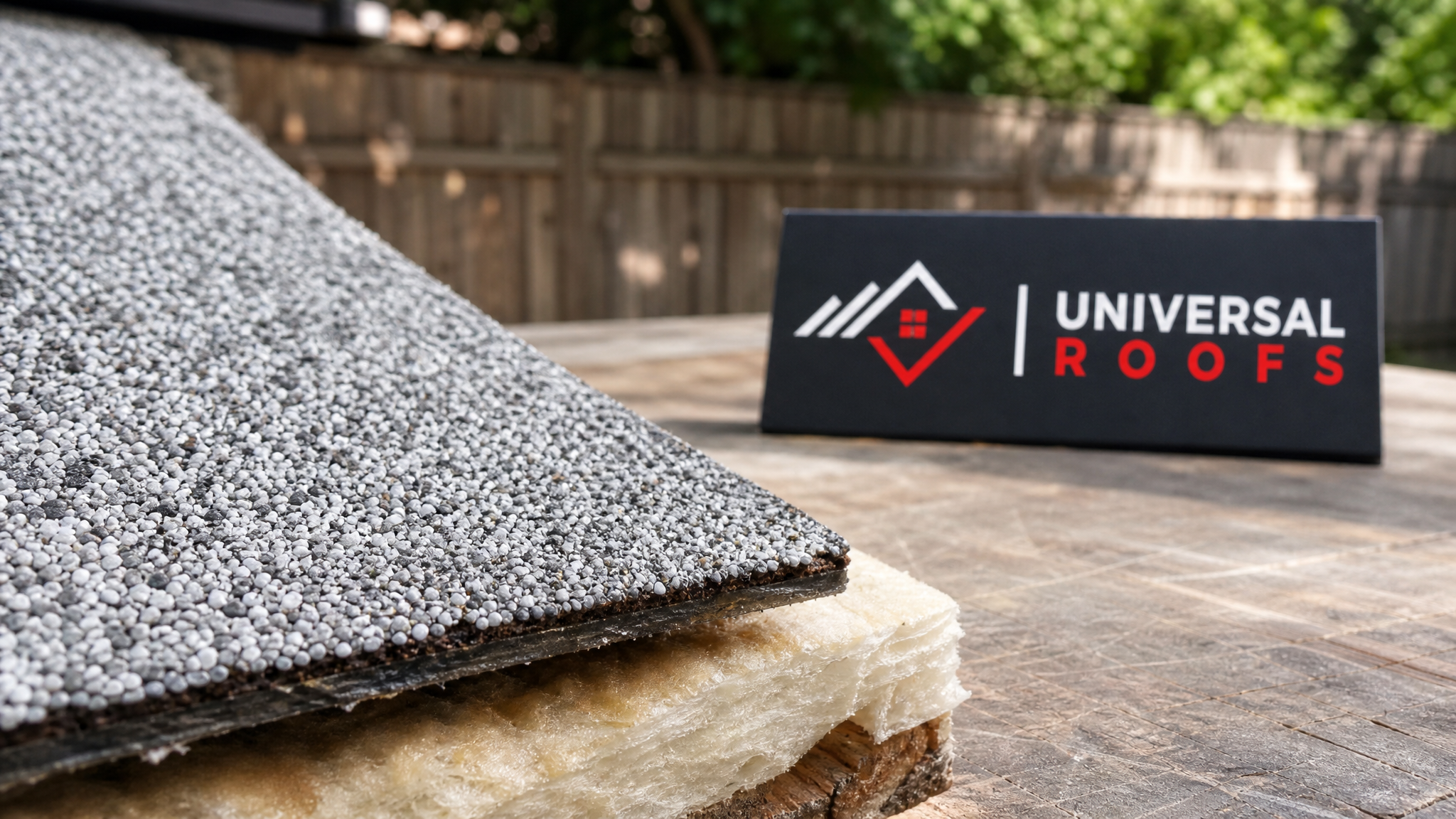Close-up detail of reflective roofing shingle granules and insulation batting used in an energy efficient roof replacement