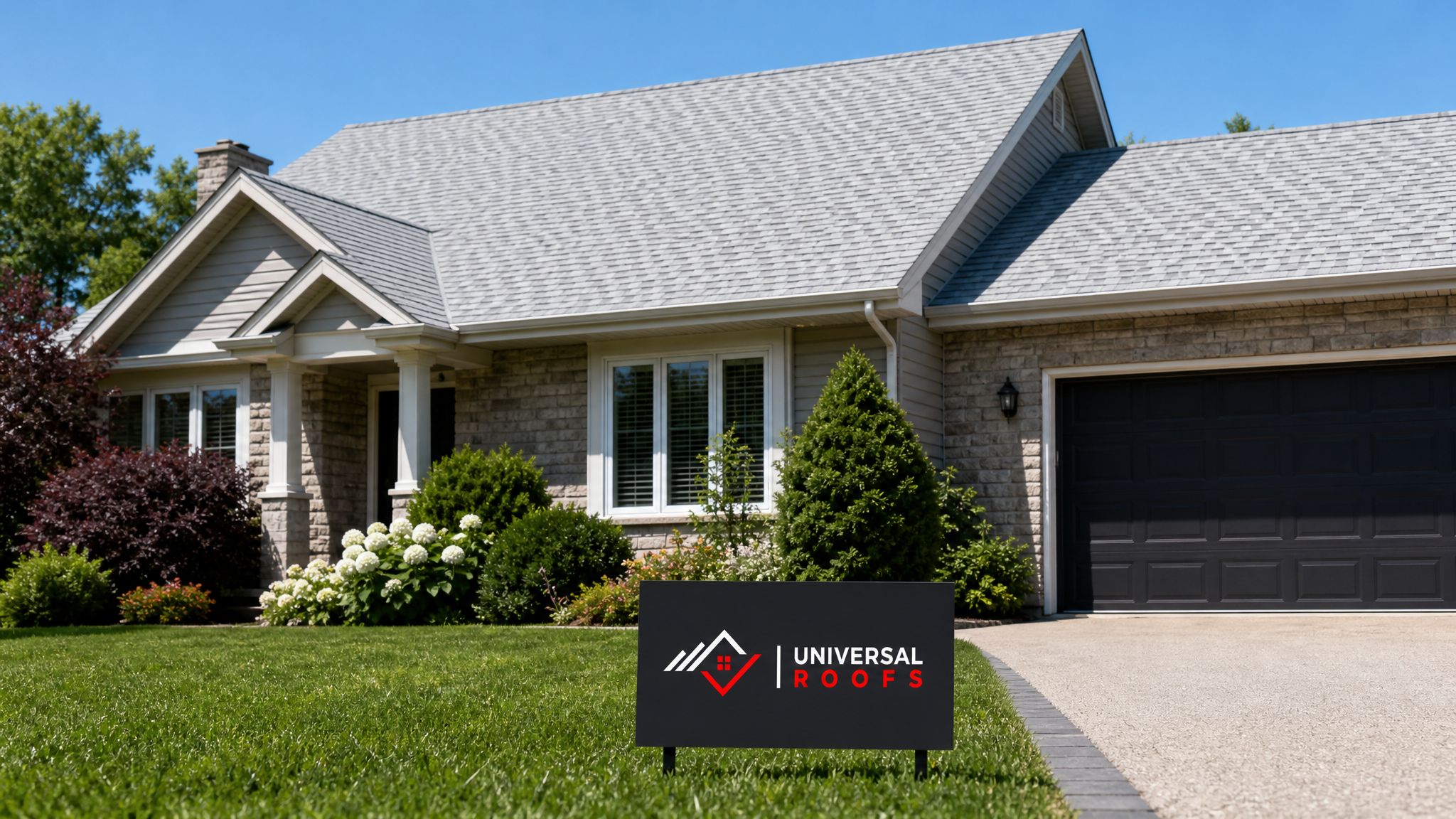 A newly completed energy efficient roof replacement on a Toronto-area home in summer daylight, showing light-coloured reflective shingles