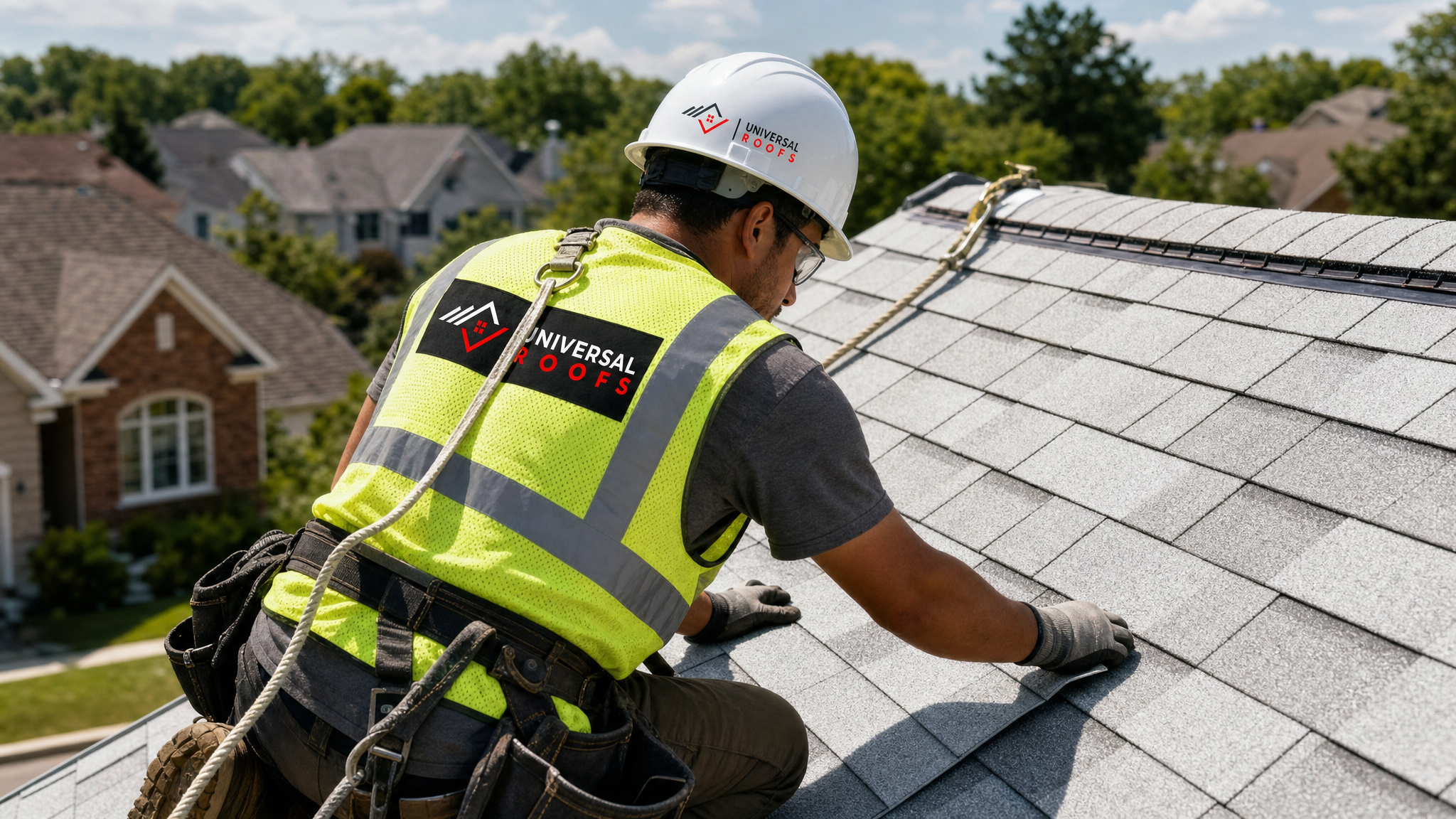 A roofing worker in full safety gear installing energy efficient shingles on a sloped roof in daylight
