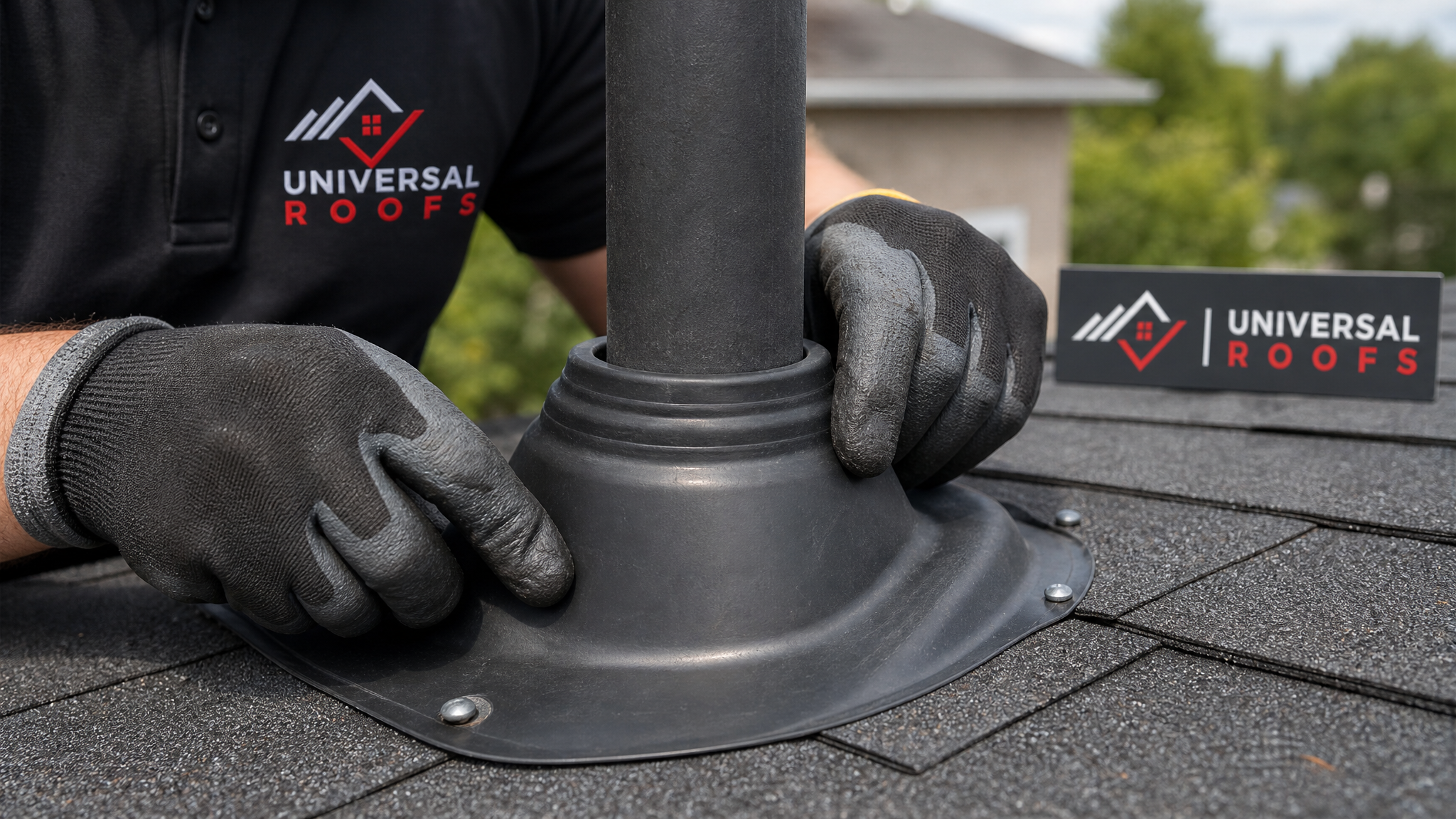 Close-up detail of a technician's hands installing a new rubber pipe boot flashing on an asphalt shingle roof, with a Universal Roofs branded sign placard visible nearby