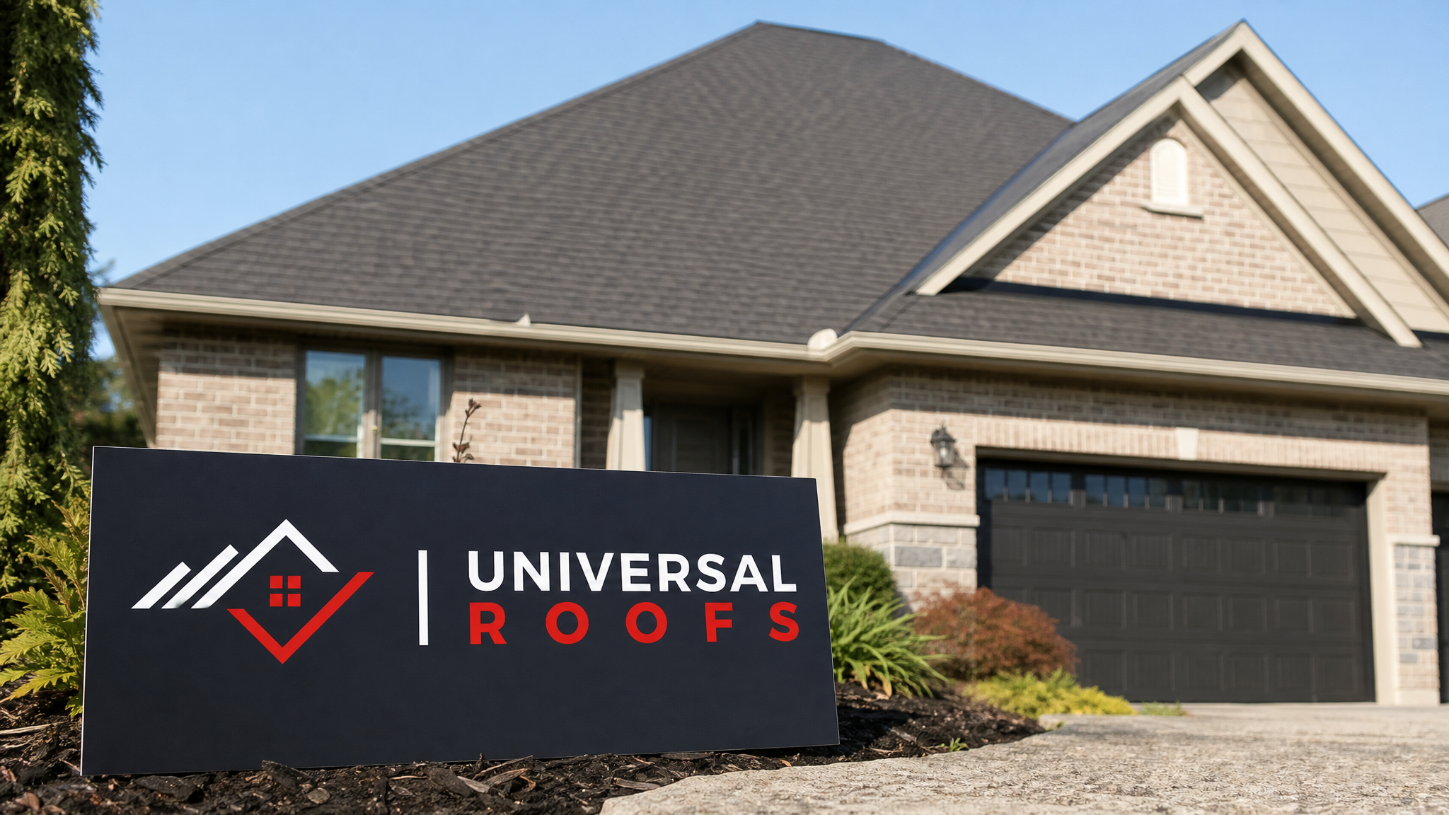 A dry, freshly repaired asphalt shingle roof on a Toronto home under clear summer daylight, with a Universal Roofs branded sign placard resting nearby