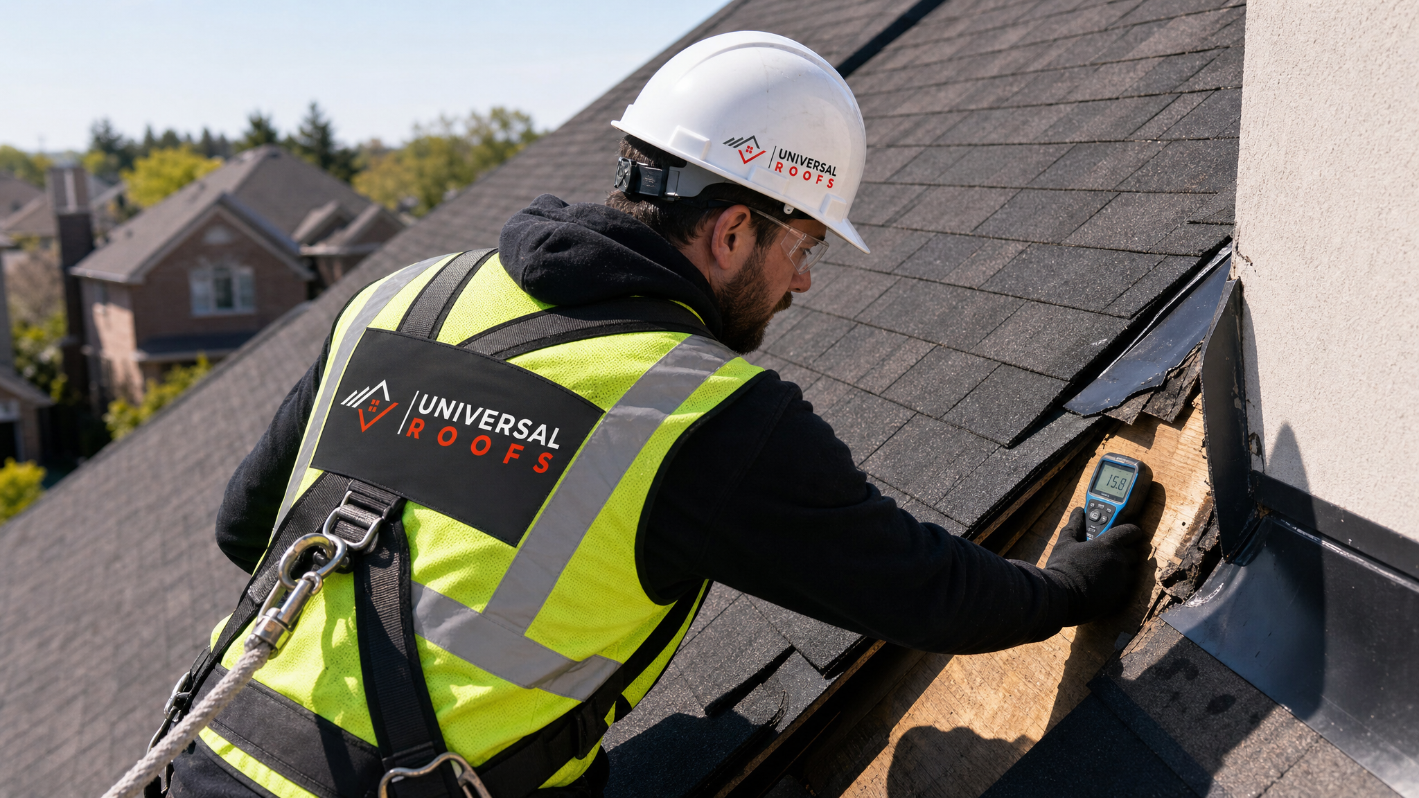 A roofer wearing a hard hat, high-visibility vest, safety glasses, gloves, and a fall-protection harness with safety rope, using a moisture meter on a residential roof in Toronto in daylight