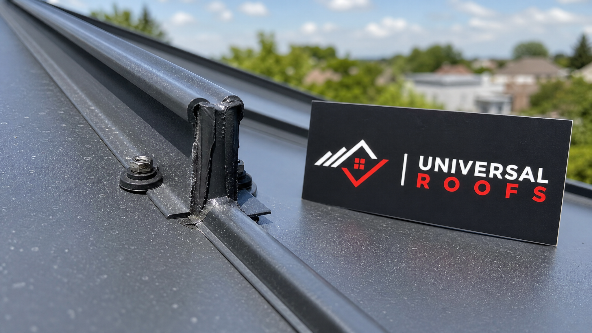 Close-up of a repaired standing seam metal roof joint with new sealant and fasteners