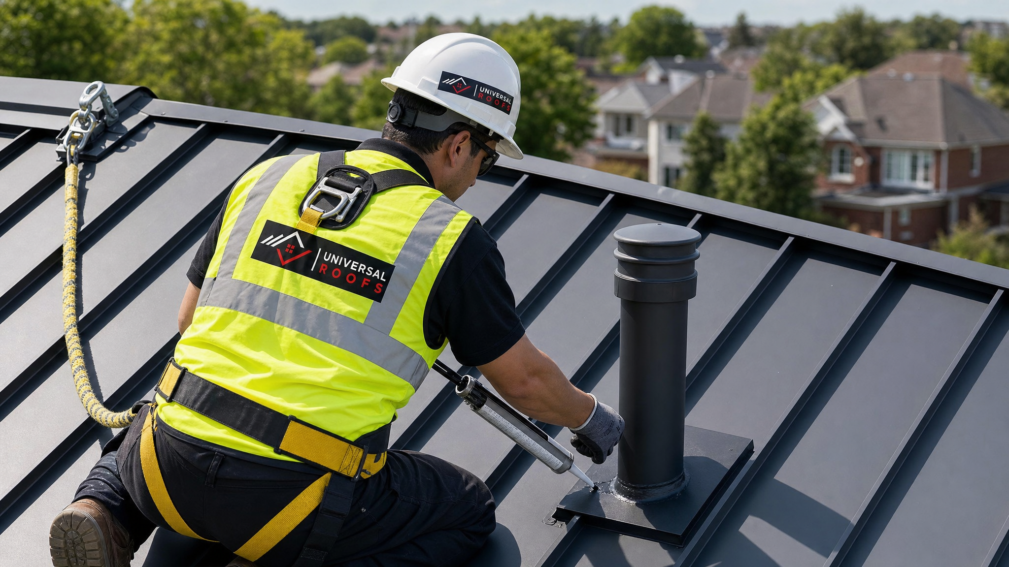 Roofer wearing full safety harness repairing flashing on a metal roof in Toronto