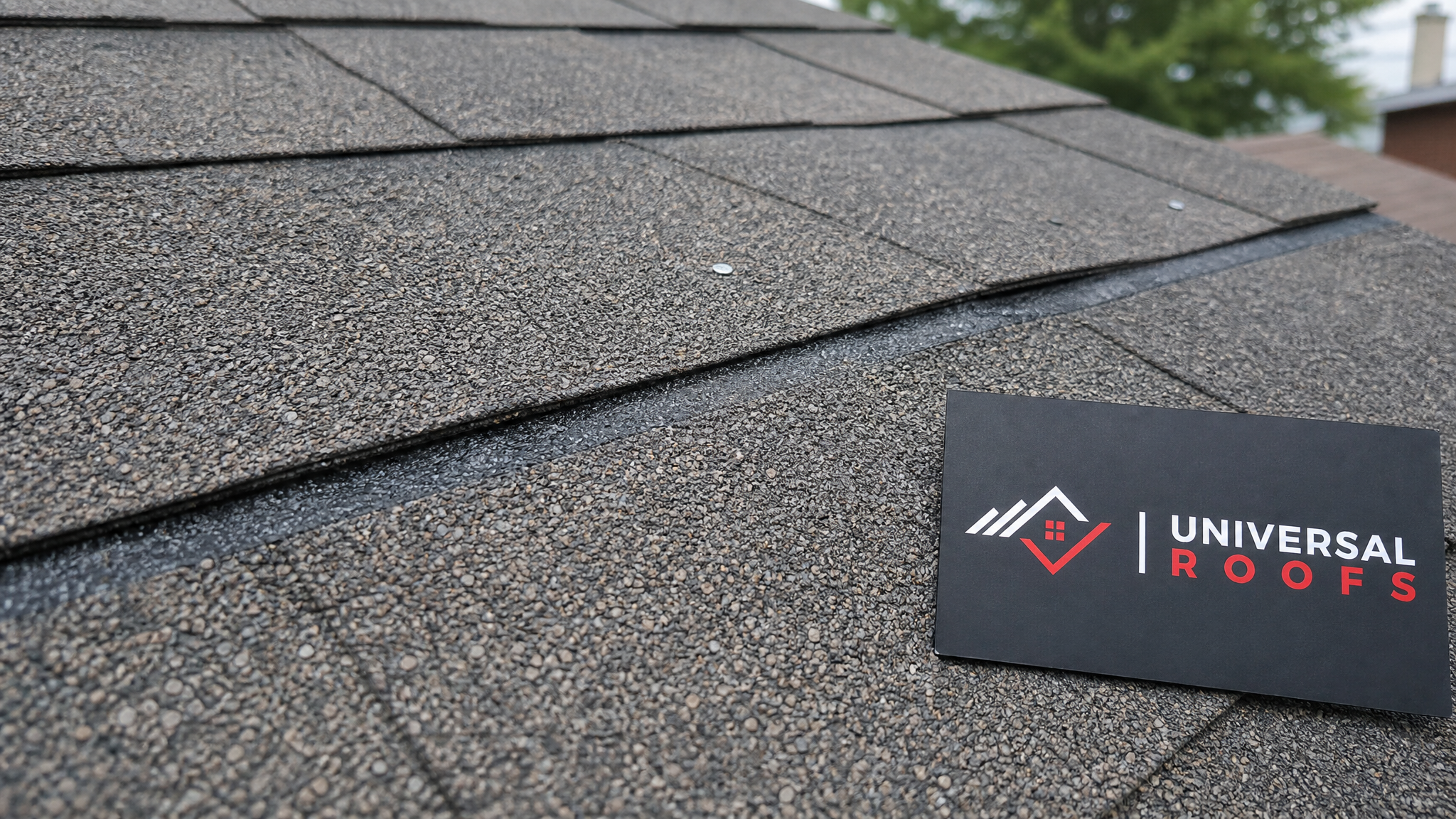 Close-up detail of asphalt shingle layers and nailing pattern showing proper overlap and sealed adhesive strip during a repair
