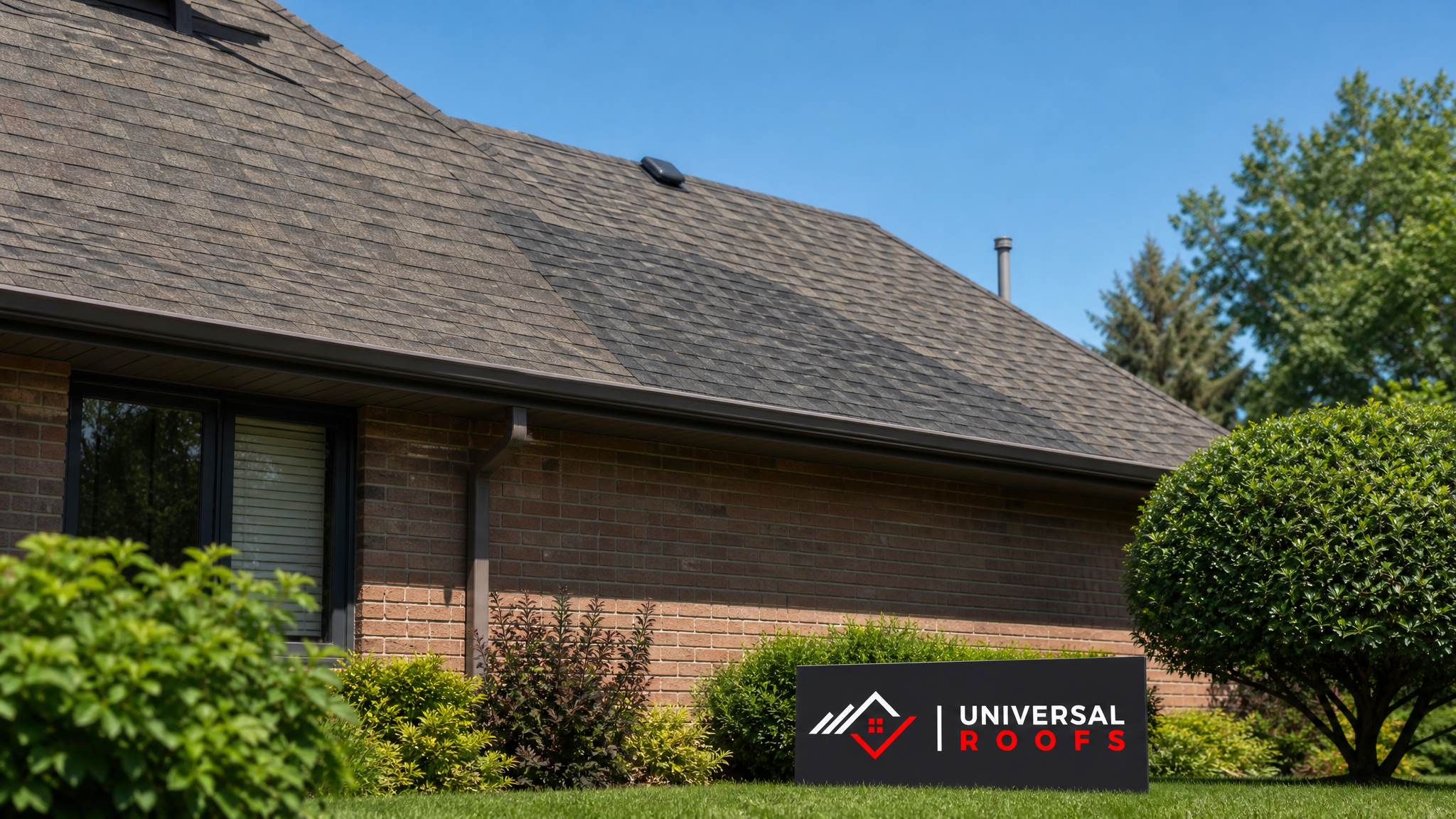 Freshly repaired asphalt shingle roof on a Toronto home in summer daylight with matching shingles blended seamlessly into the existing roof plane
