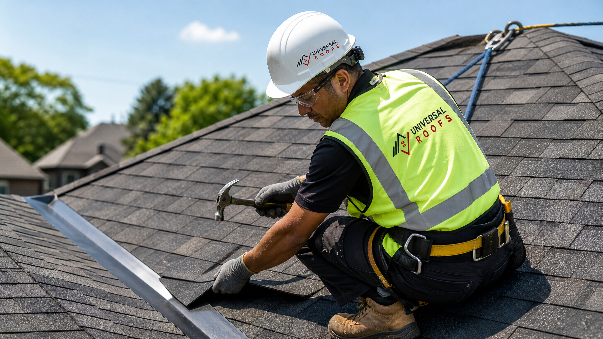 Roofer wearing full safety harness and PPE carefully replacing a damaged asphalt shingle on a residential roof slope in daylight