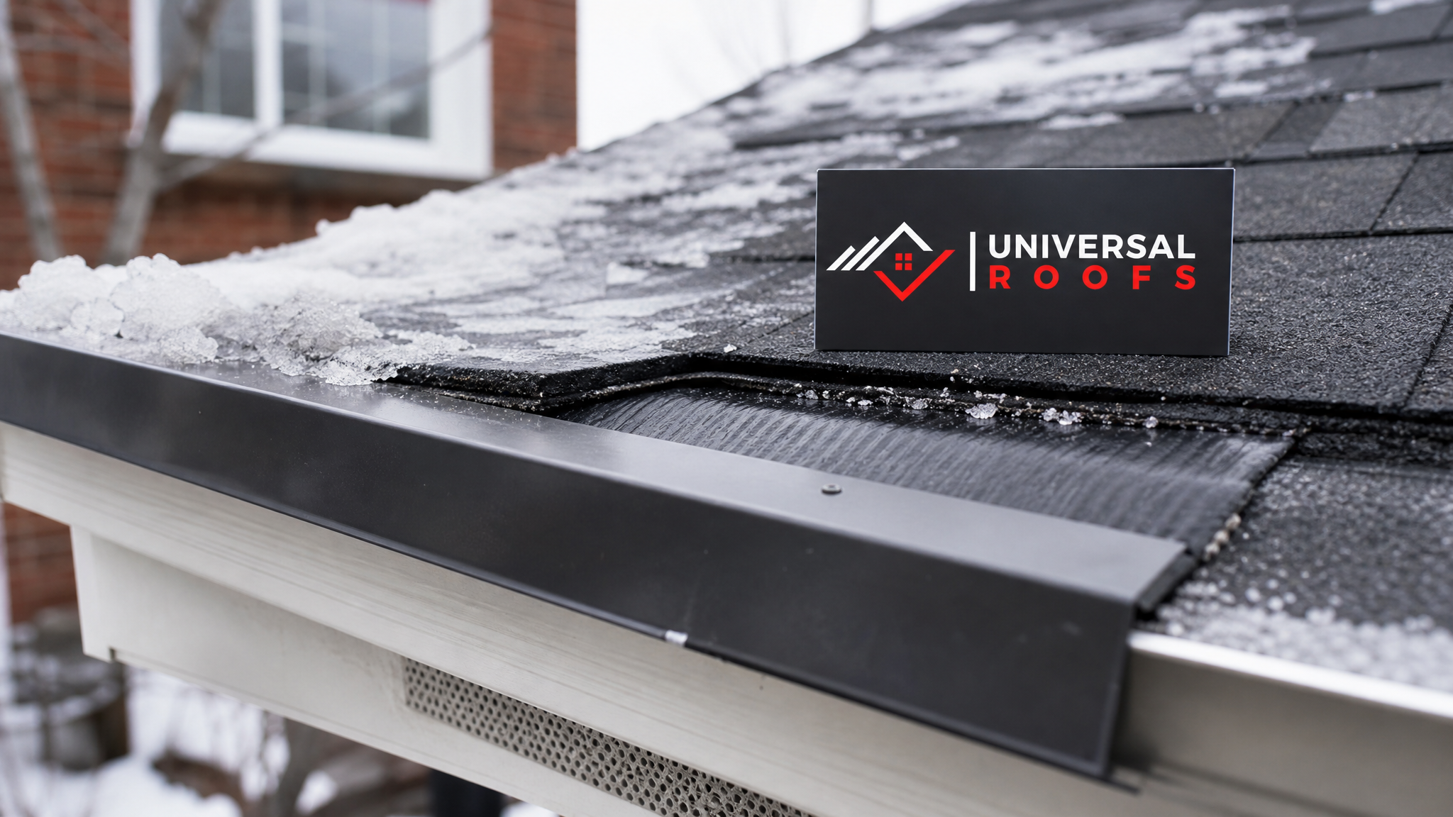 Close-up detail of ice and water shield membrane and clean flashing along a roof eave with a Universal Roofs branded sign placard nearby