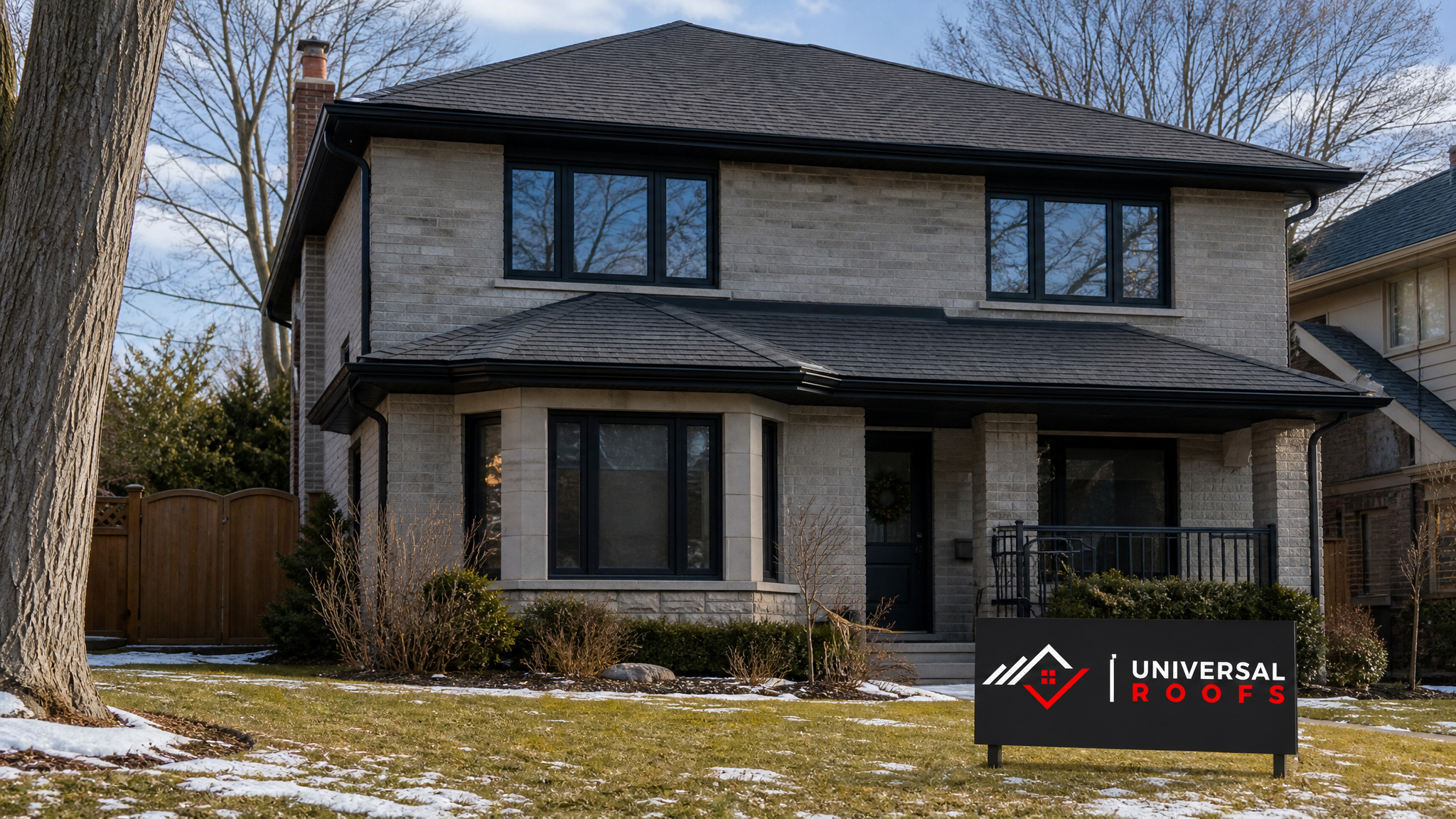 A GTA home with a fully cleared, snow-free asphalt shingle roof in clean winter daylight, with a Universal Roofs branded sign placard resting on the front lawn