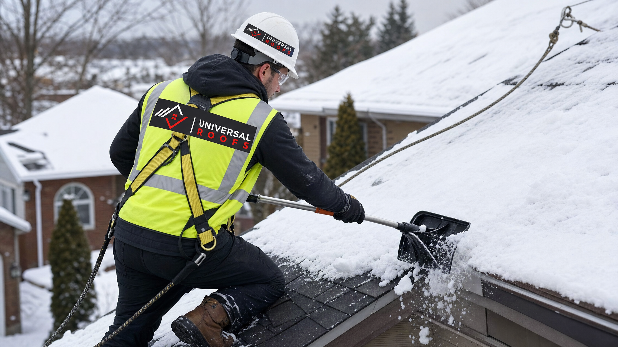 A roofing technician wearing a hard hat, high-visibility vest, safety glasses, gloves, and a fall-protection harness with safety rope, carefully removing snow from a residential roof with a plastic-edged shovel